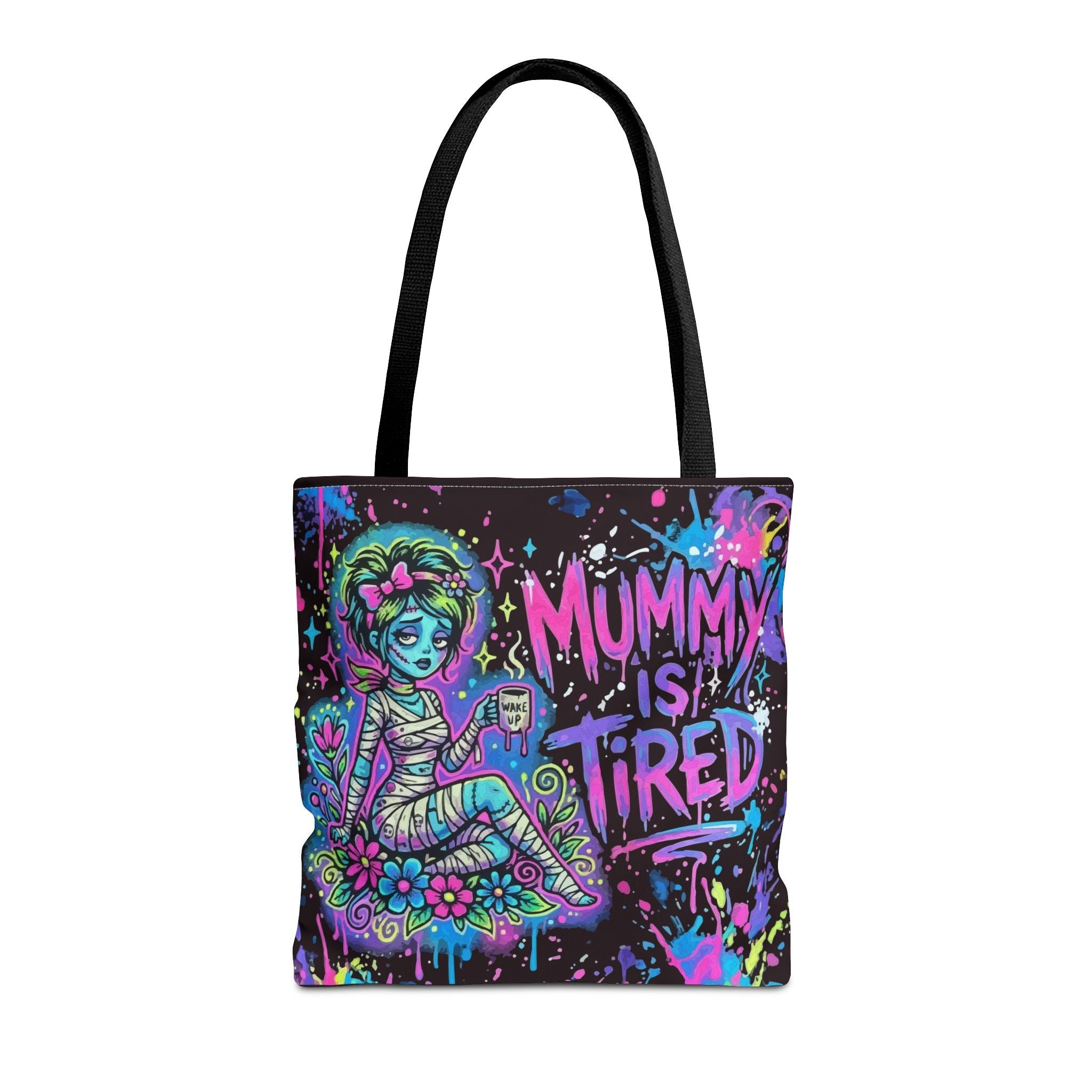 Mummy Is Tired Tote Bag — Neon Halloween Mom Canvas Shopper