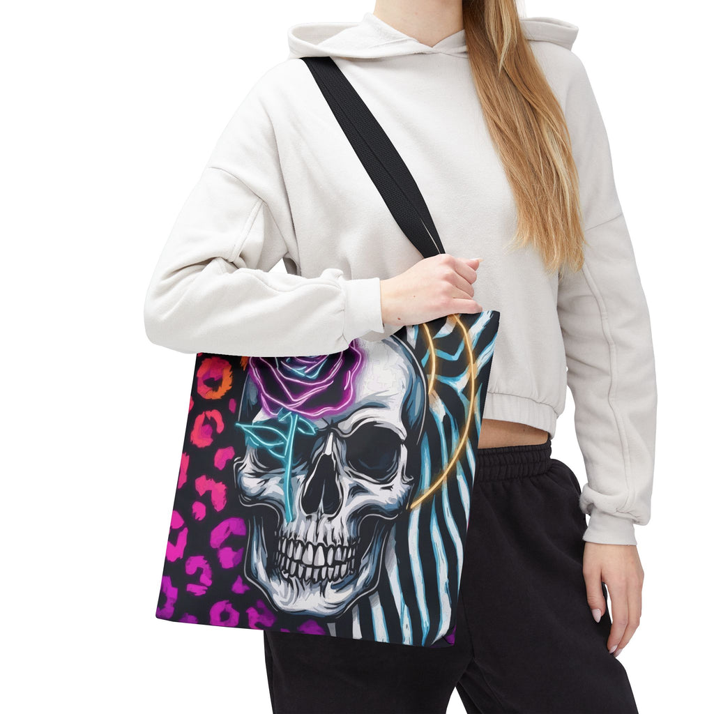 Skull & Rose Pattern Tote Bag — Neon Animal Print All-Over Tote