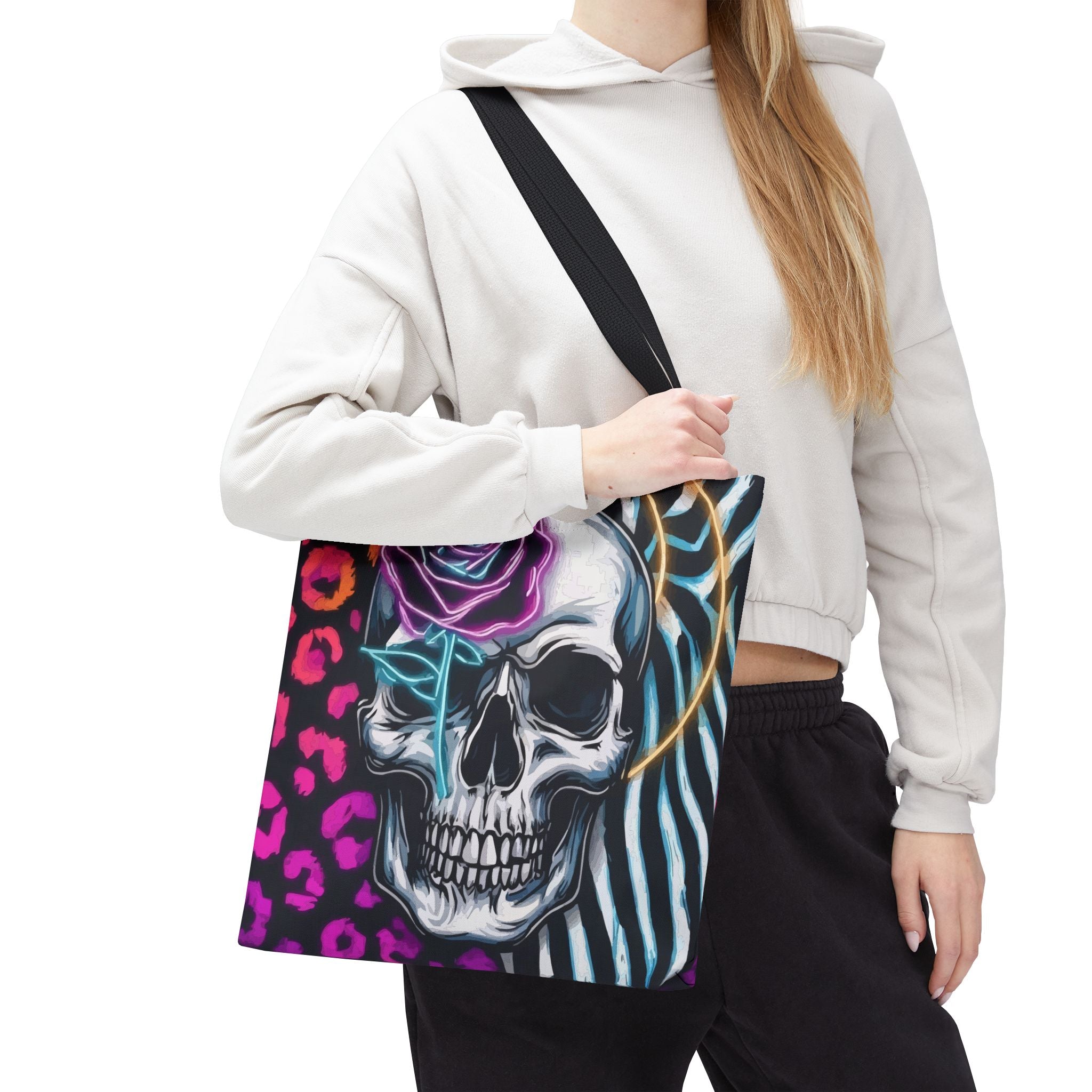 Skull & Rose Pattern Tote Bag — Neon Animal Print All-Over Tote