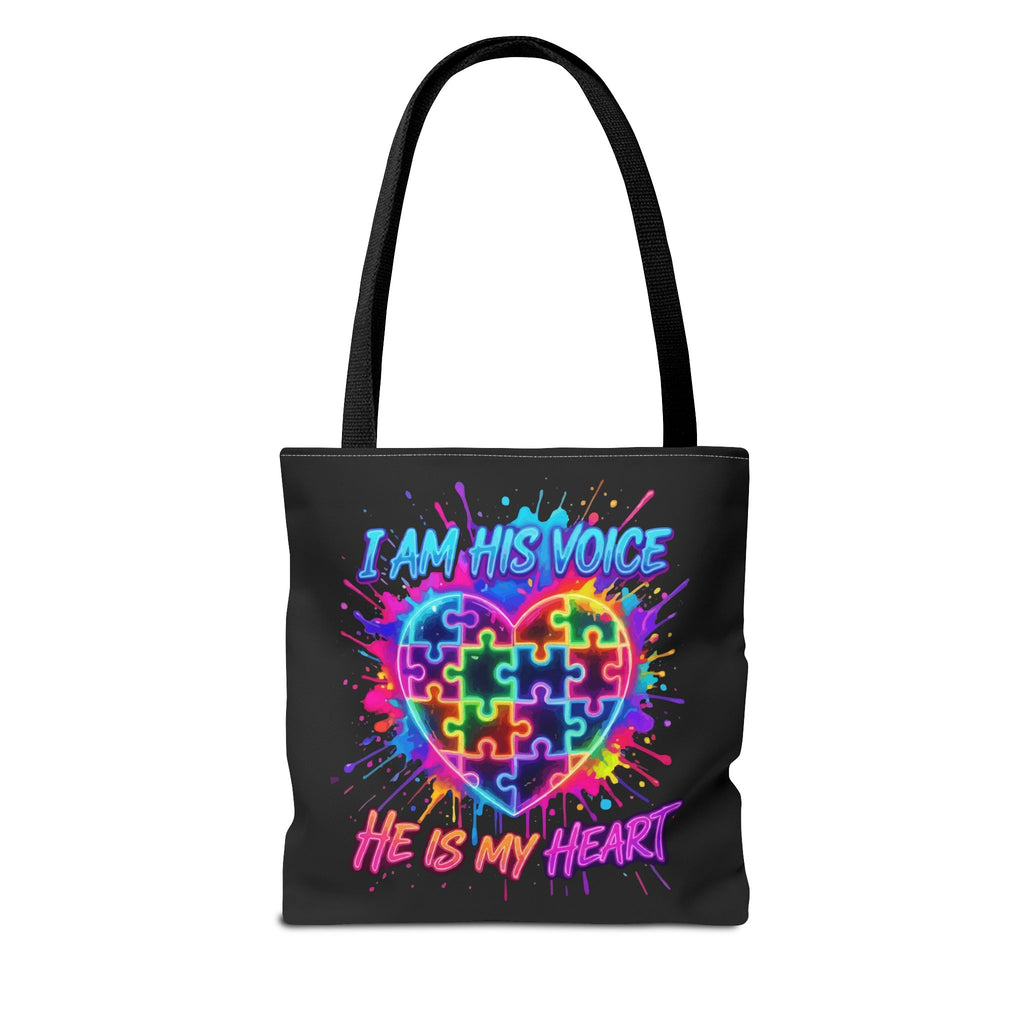 Autism Awareness Tote Bag — "I Am His Voice, He Is My Heart" Colorful Puzzle Heart