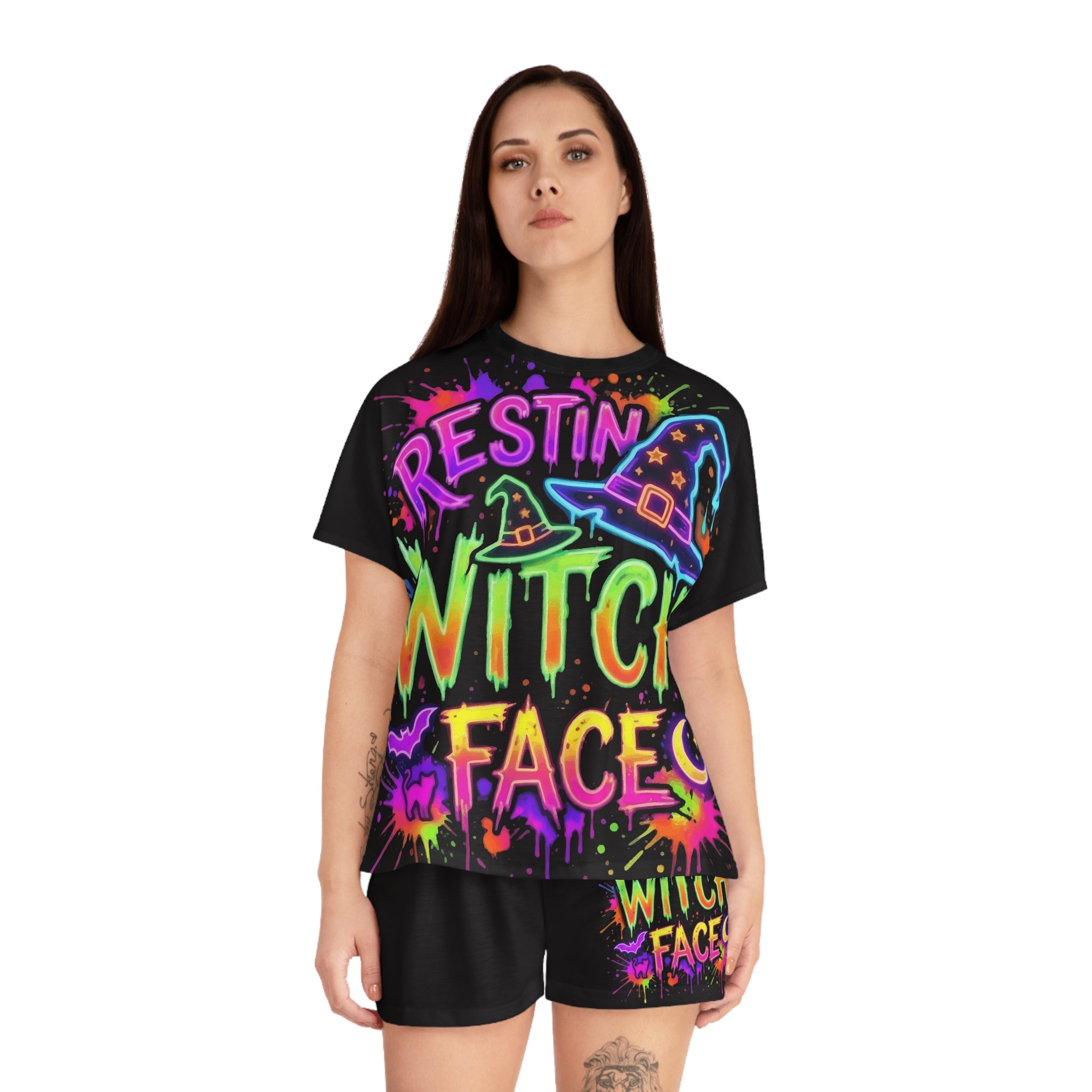 Resting Witch Face Women's Pajama Set - Neon Halloween Short Sleepwear