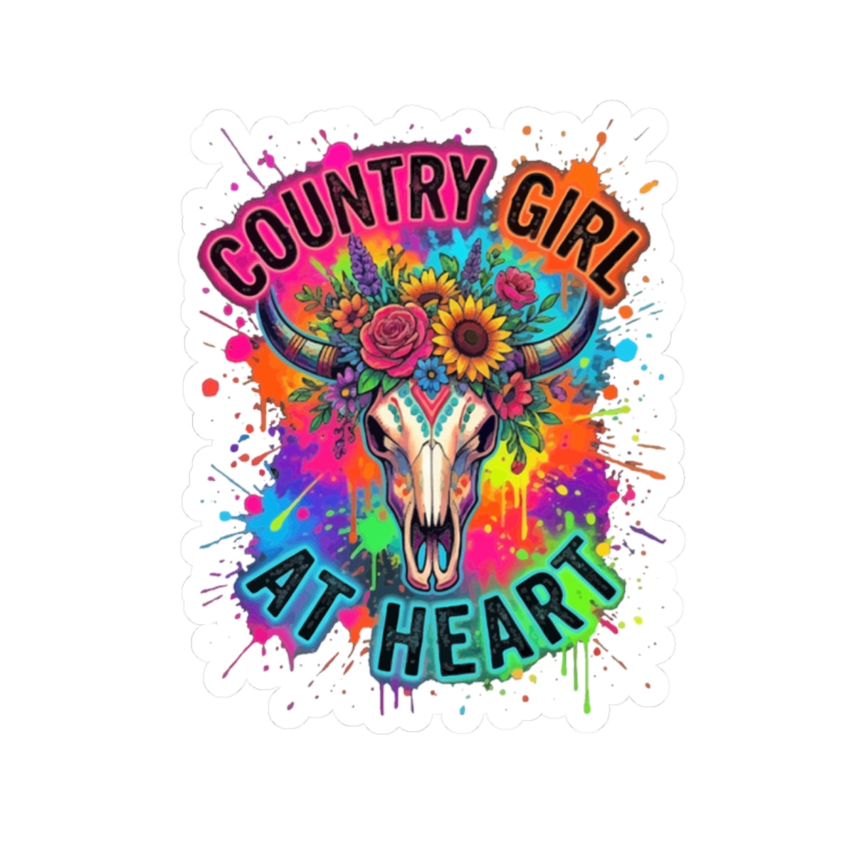 Country Girl At Heart Kiss-Cut Sticker — Colorful Floral Steer Skull Decal