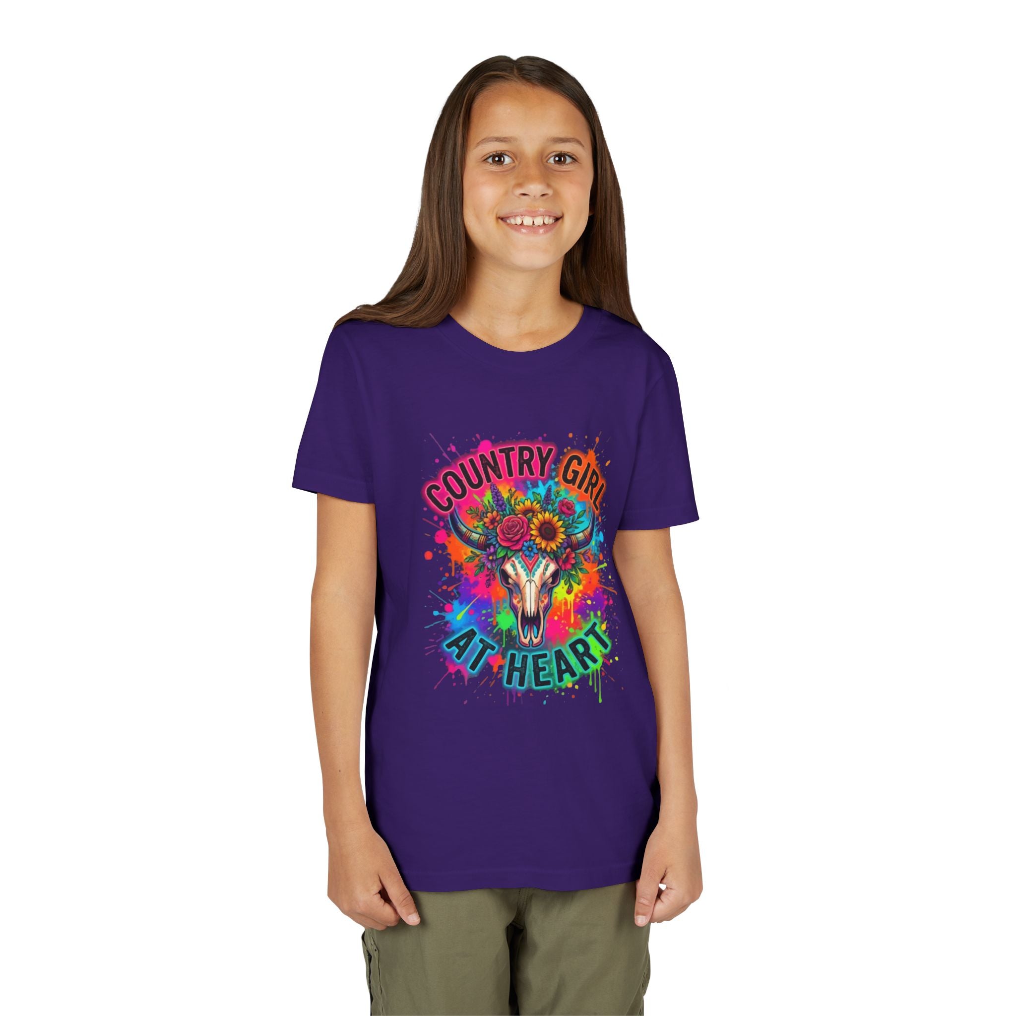 Youth Tee — "Country Girl at Heart" Colorful Cow Skull Graphic