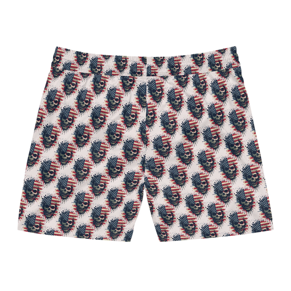 American Flag Skull Swim Shorts — Patriotic Gothic Men's Mid-Length Boardshorts