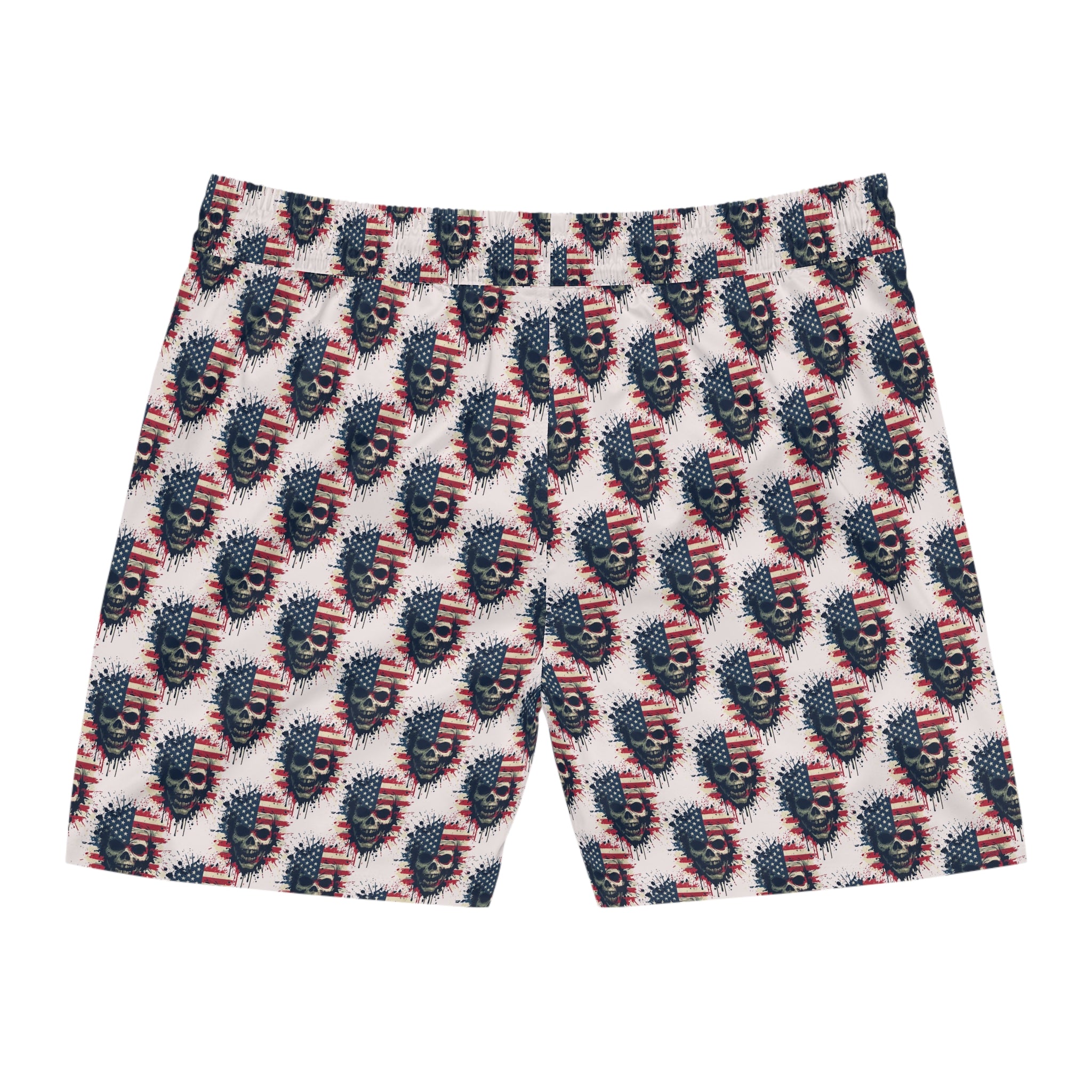 American Flag Skull Swim Shorts — Patriotic Gothic Men's Mid-Length Boardshorts