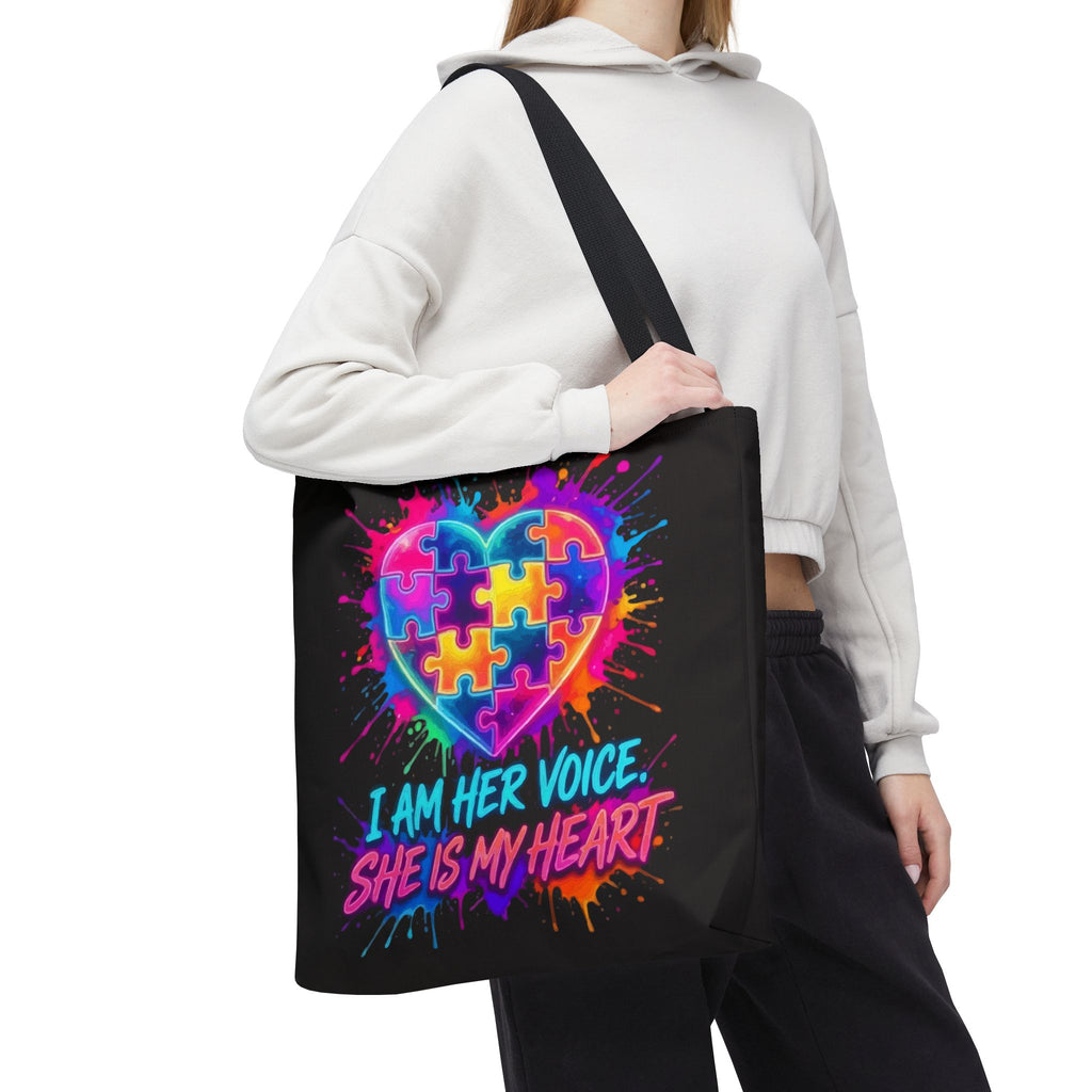 Autism Awareness Heart Tote Bag — "I Am Her Voice, She Is My Heart" Colorful Puzzle Design