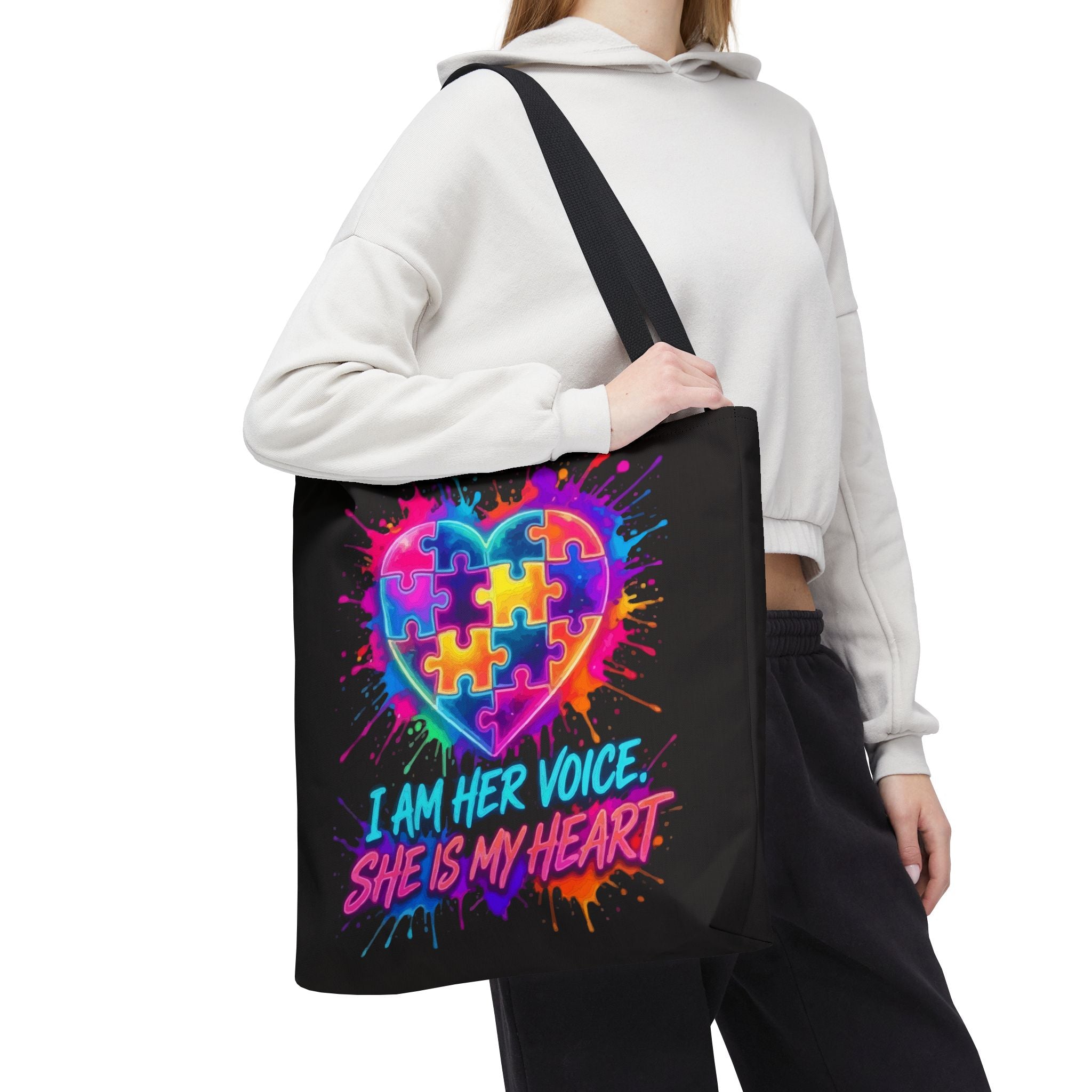 Autism Awareness Heart Tote Bag — "I Am Her Voice, She Is My Heart" Colorful Puzzle Design