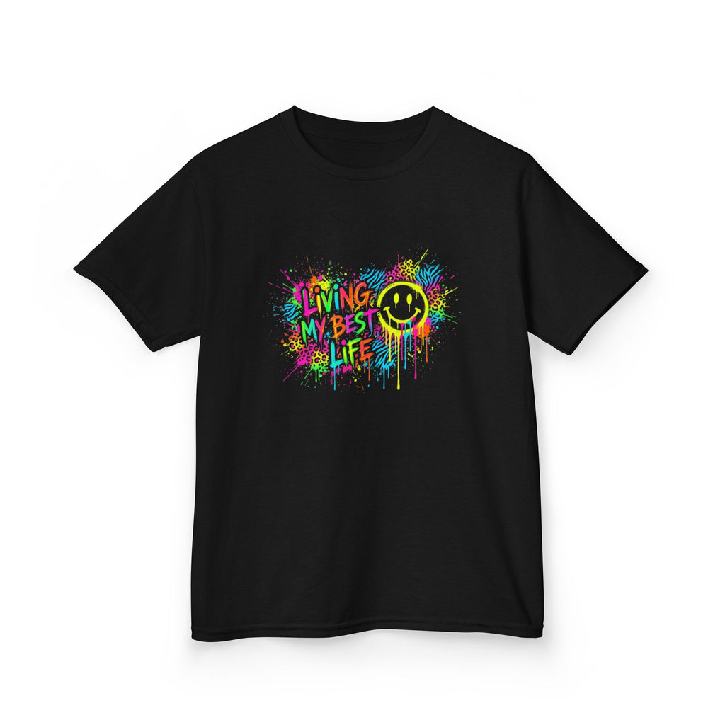 Kids T-Shirt — 'Living My Best Life' Neon Paint Smiley Graphic