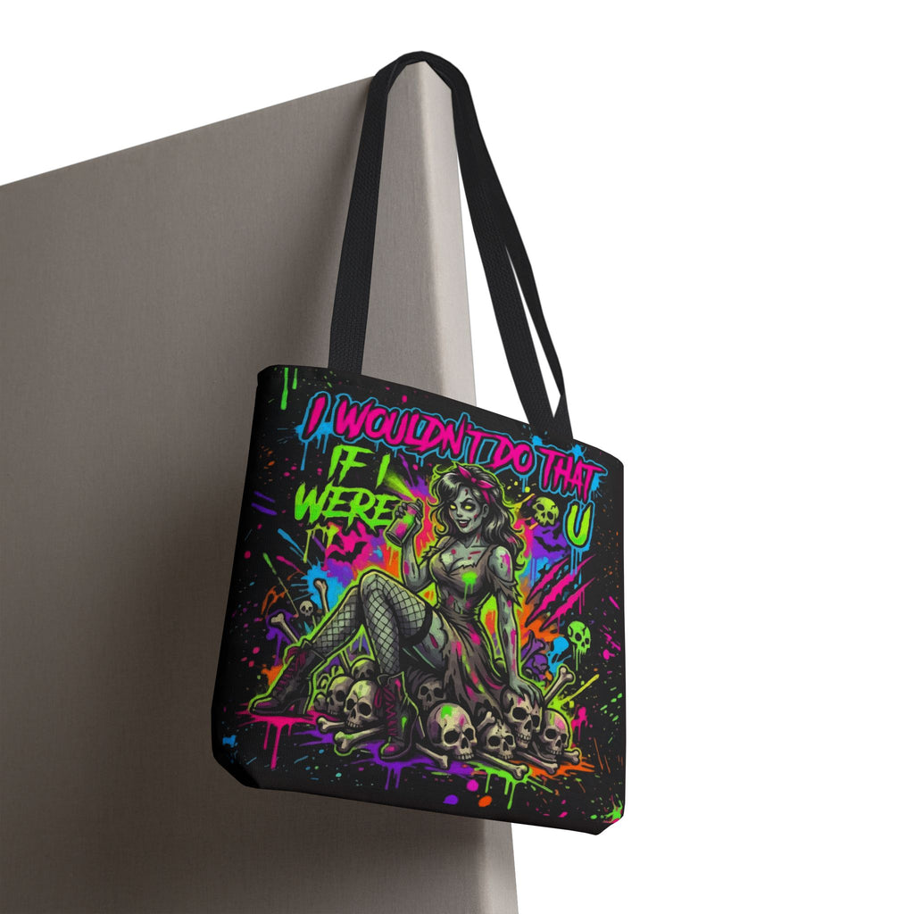 Zombie Pin-Up Tote Bag — "I Wouldn't Do That If I Were U" Neon Horror Graphic