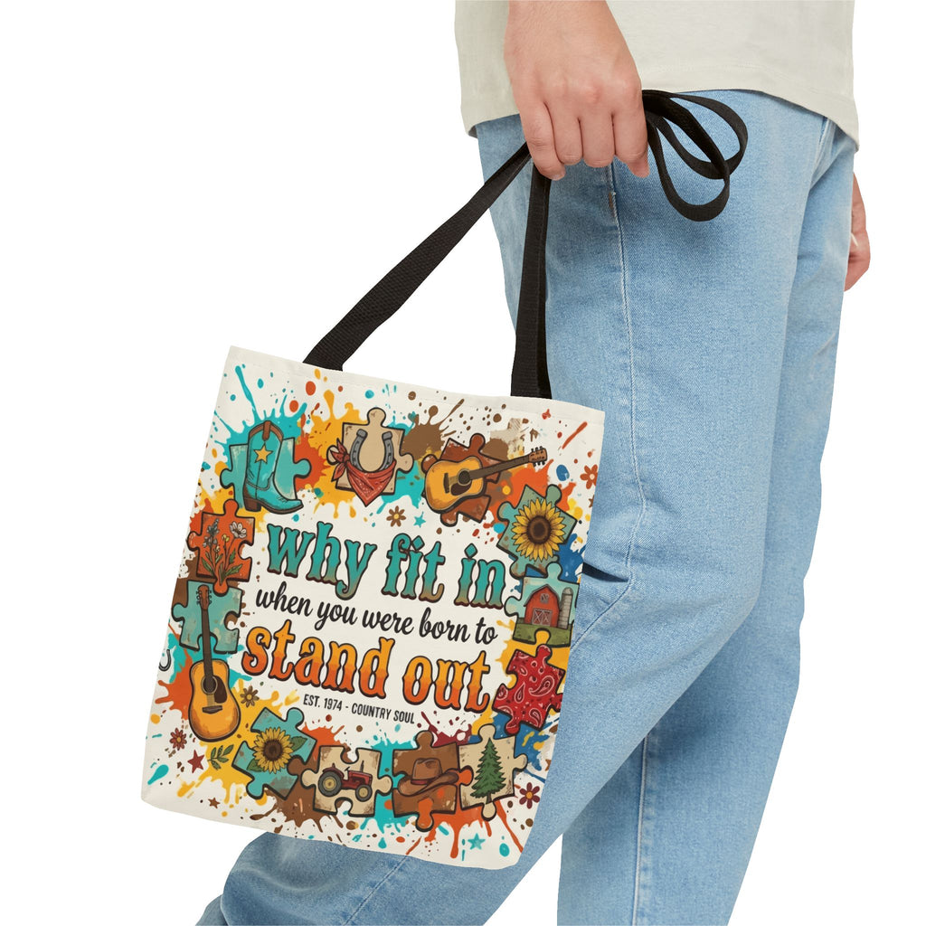 Stand Out Tote Bag — "Why Fit In When You Were Born to Stand Out" Colorful Boho Guitar Design