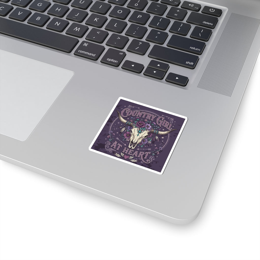 Country Girl At Heart Sticker — Floral Bull Skull Kiss-Cut Sticker