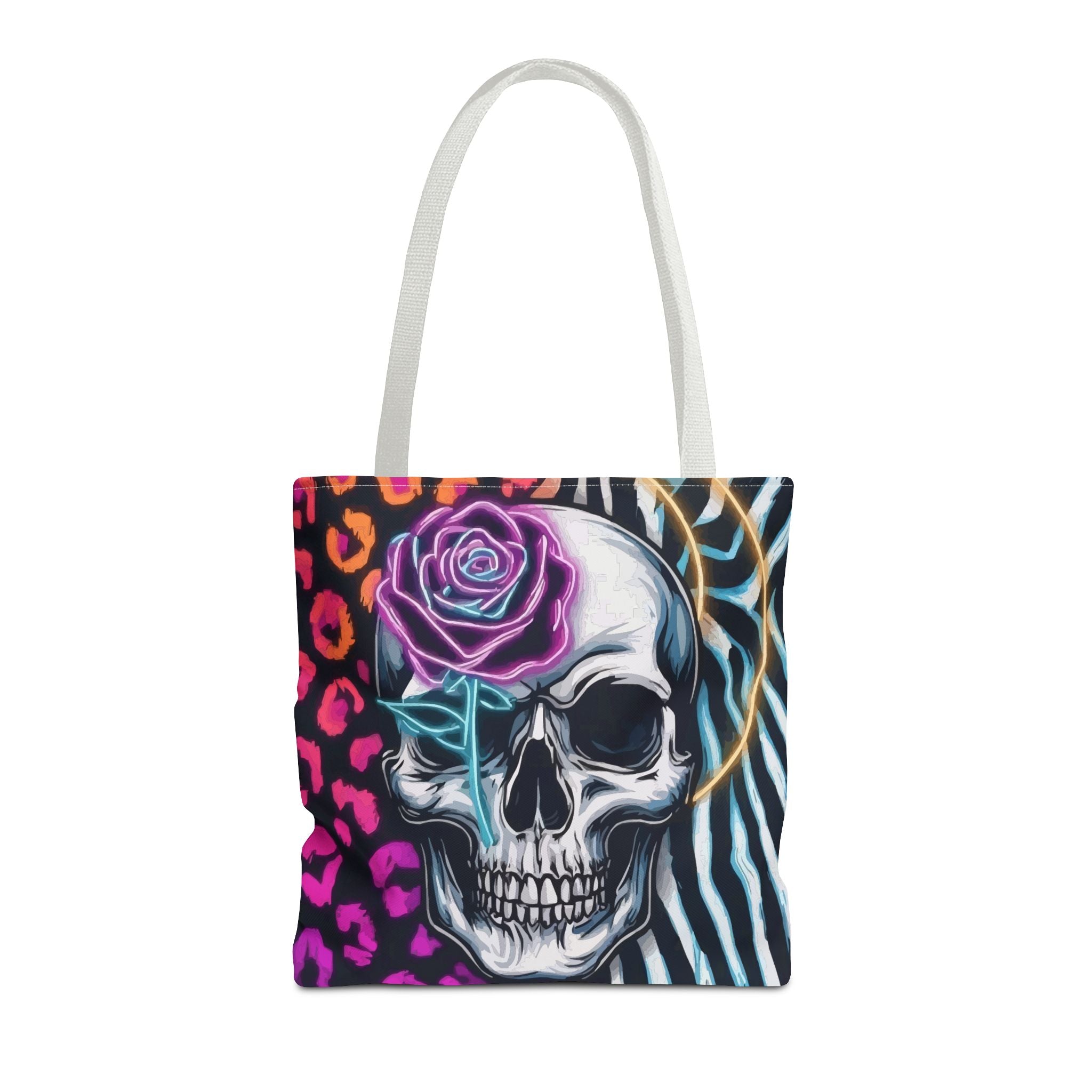 Skull & Rose Pattern Tote Bag — Neon Animal Print All-Over Tote