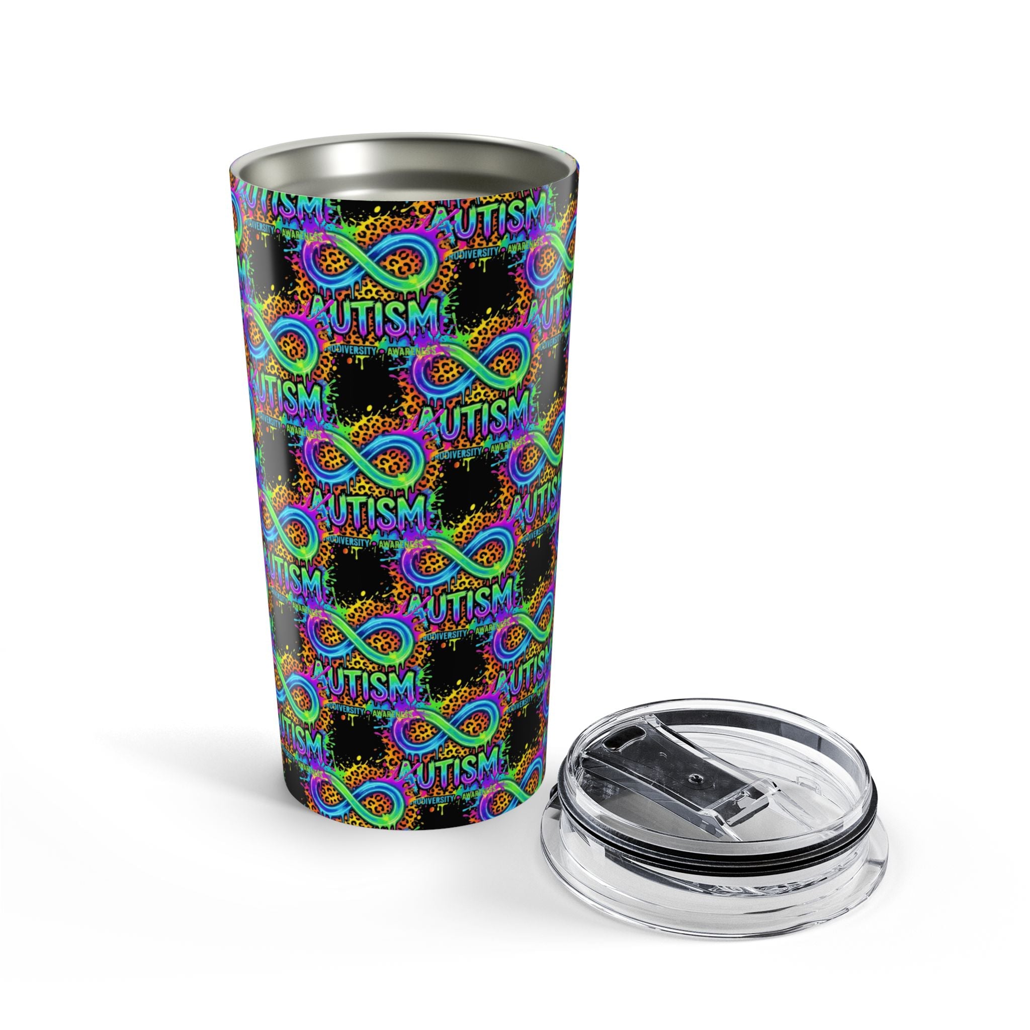 Autism Awareness Infinity 20oz Tumbler — Colorful Puzzle Ribbon Travel Cup