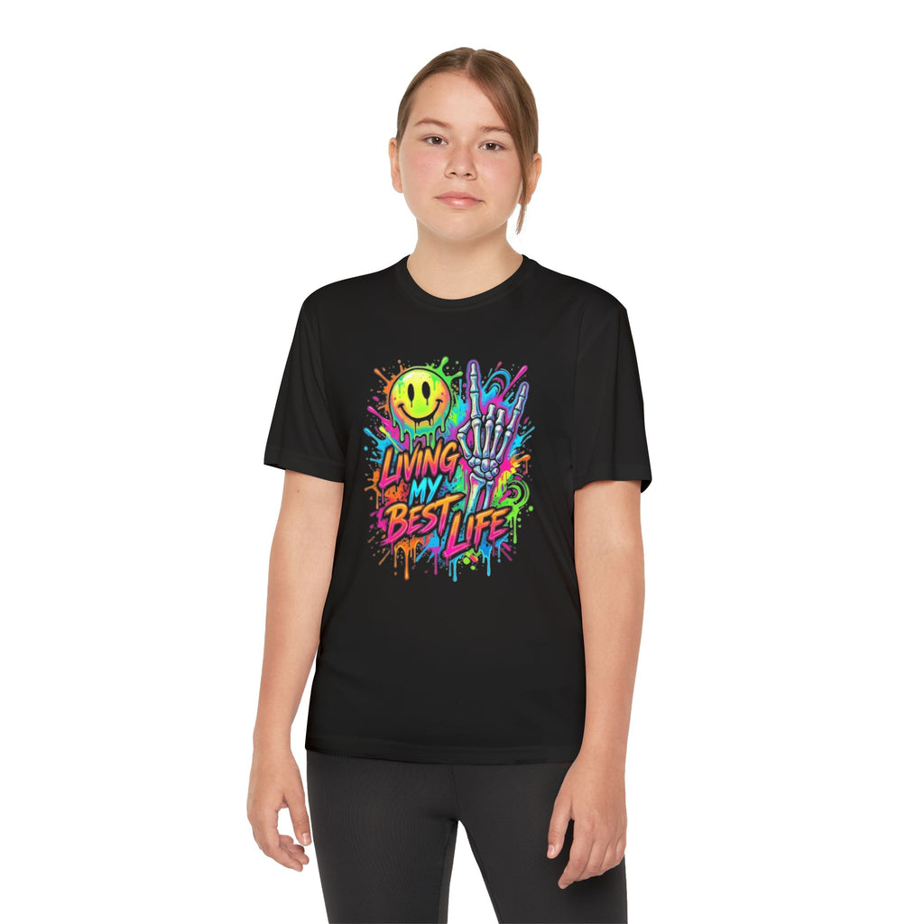 Youth Tee — "Living My Best Life" Neon Graffiti Smile Design