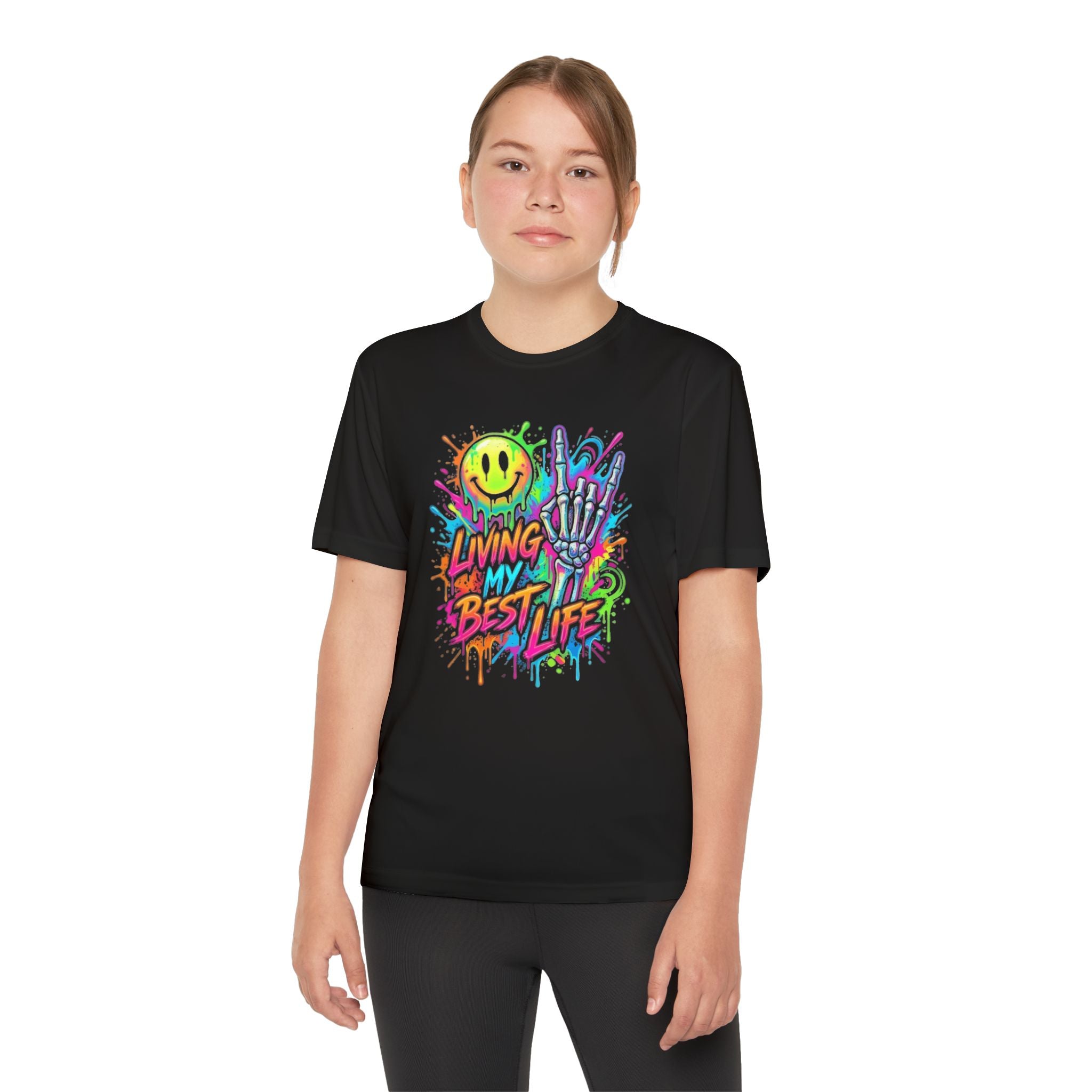 Youth Tee — "Living My Best Life" Neon Graffiti Smile Design