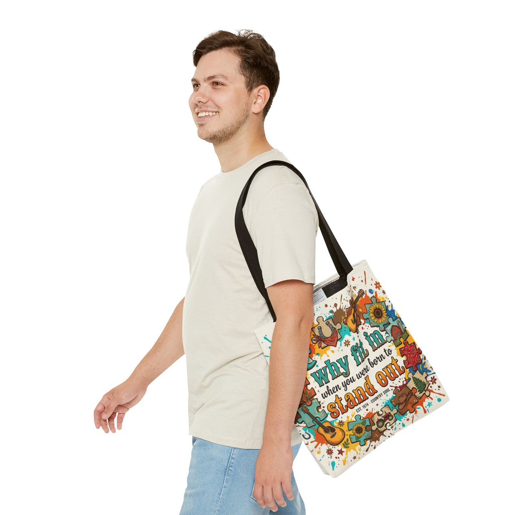 Stand Out Tote Bag — "Why Fit In When You Were Born to Stand Out" Colorful Boho Guitar Design