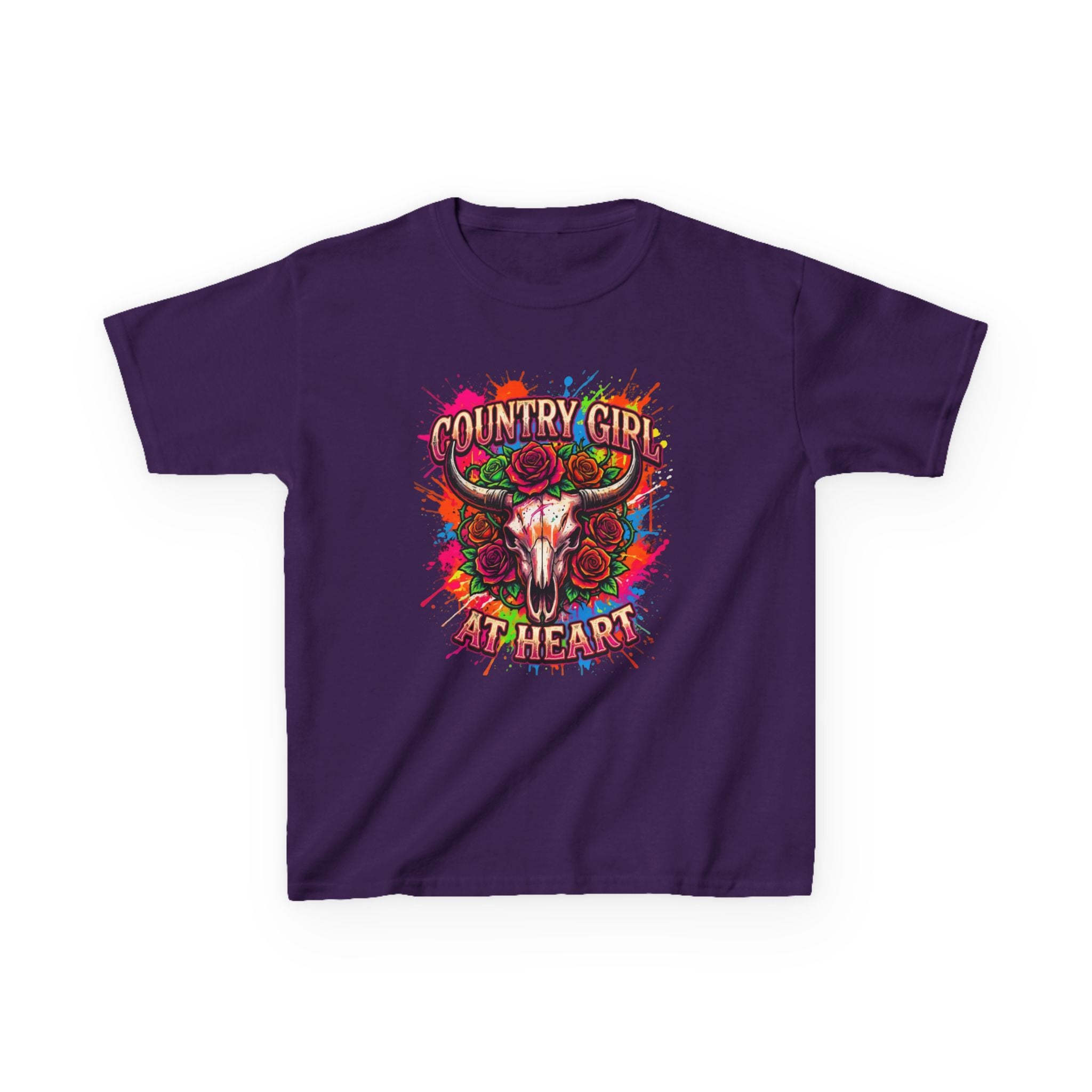Kids T-Shirt — "Country Girl at Heart" Colorful Cow Skull Tee