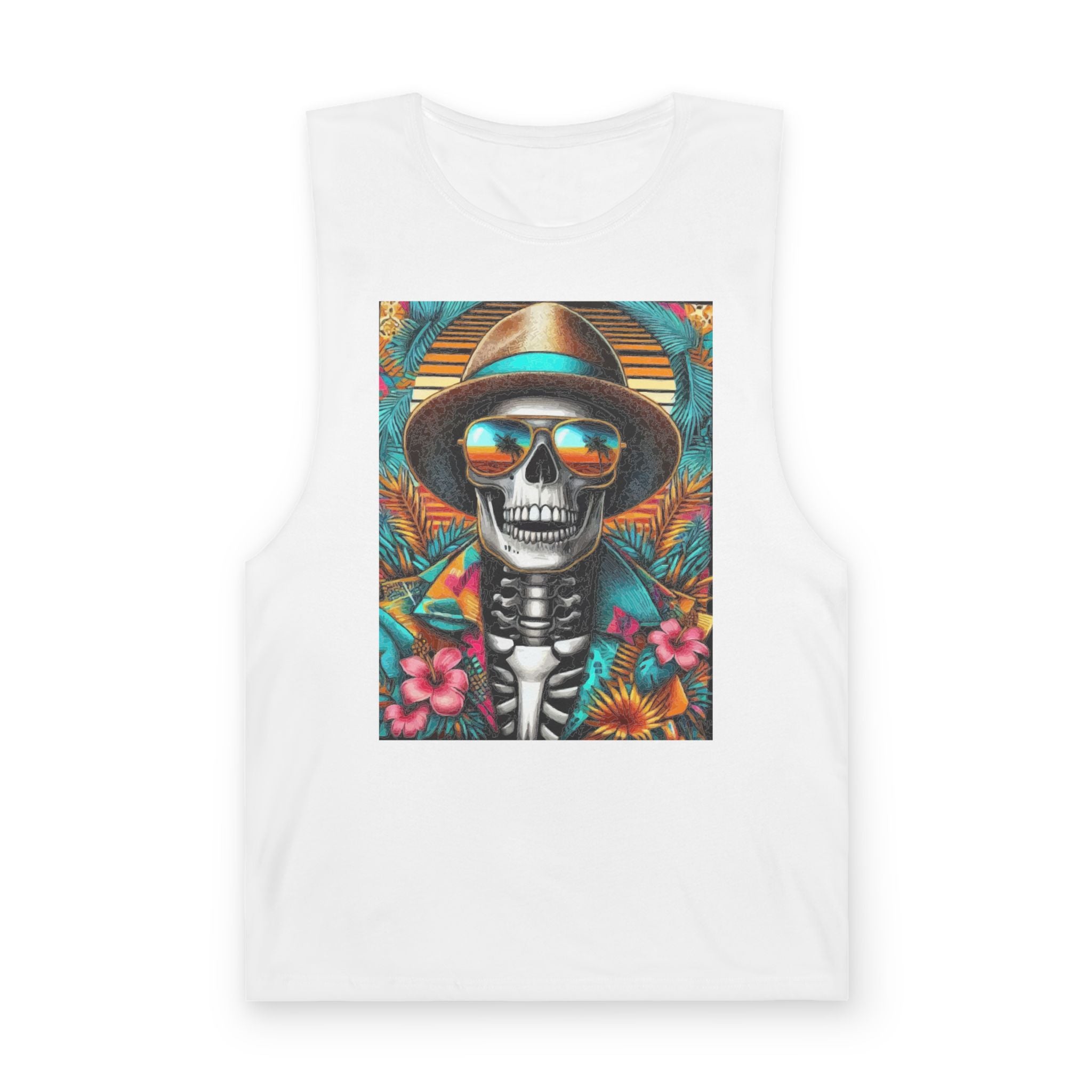 Skeleton Sun Hat Tank Top — Tropical Day of the Dead Skull Graphic Tank