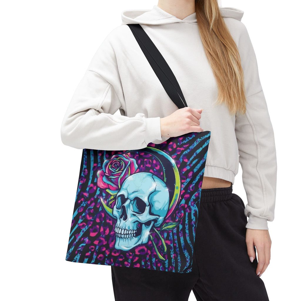 Skull & Rose Tote Bag — Neon Gothic Crescent Moon AOP Tote