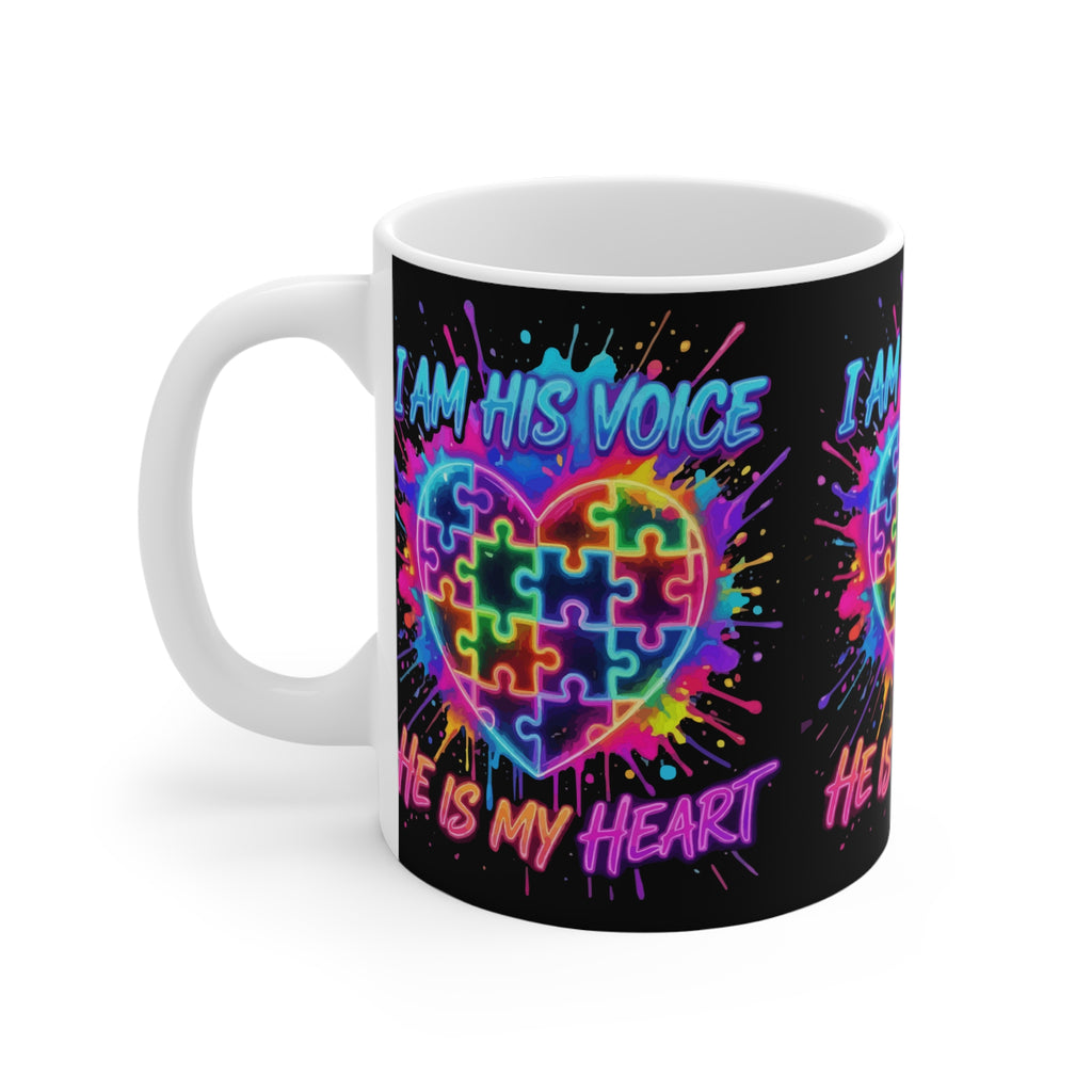 Autism Awareness Mug — "I Am His Voice, He Is My Heart" Rainbow Puzzle Heart 11oz