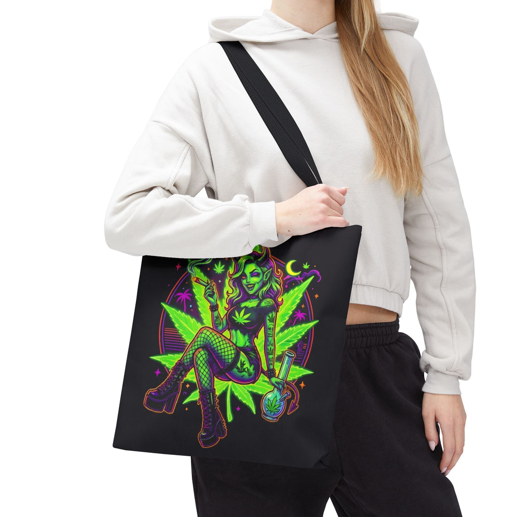 Psychedelic Witch Tote Bag — Neon Cannabis Pinup All-Over Print