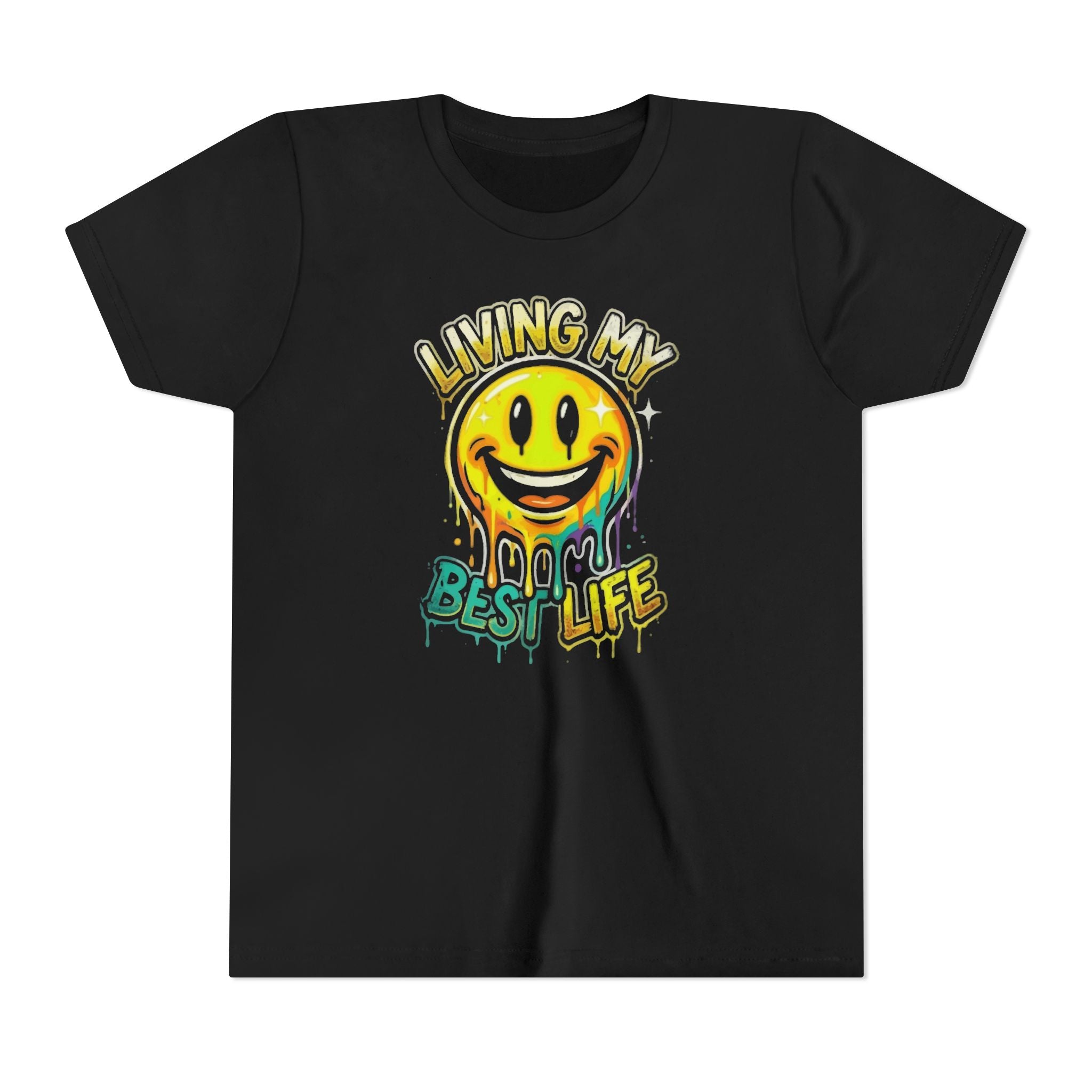 Youth Tee — "Living My Best Life" Smiley Drip Graphic