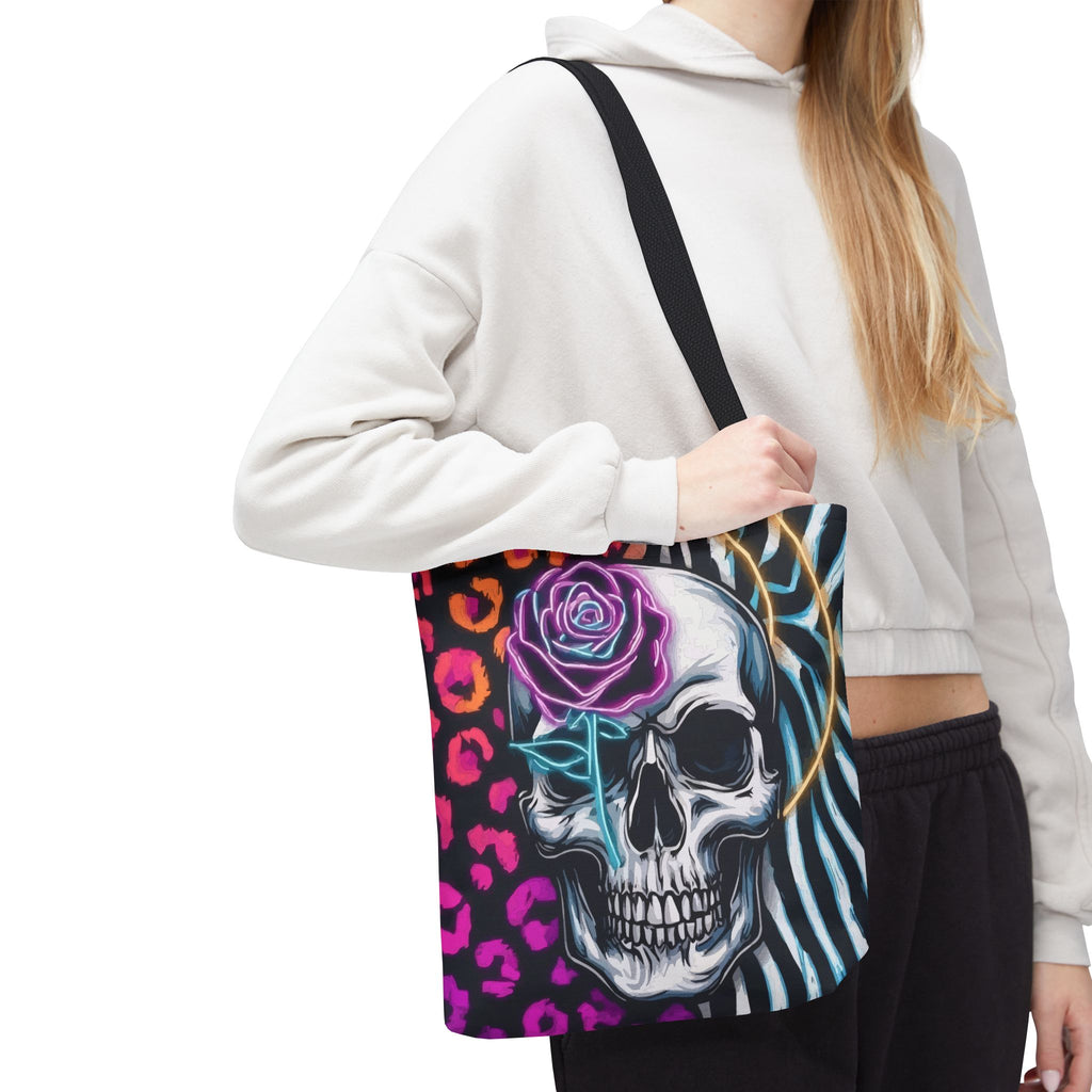 Skull & Rose Pattern Tote Bag — Neon Animal Print All-Over Tote