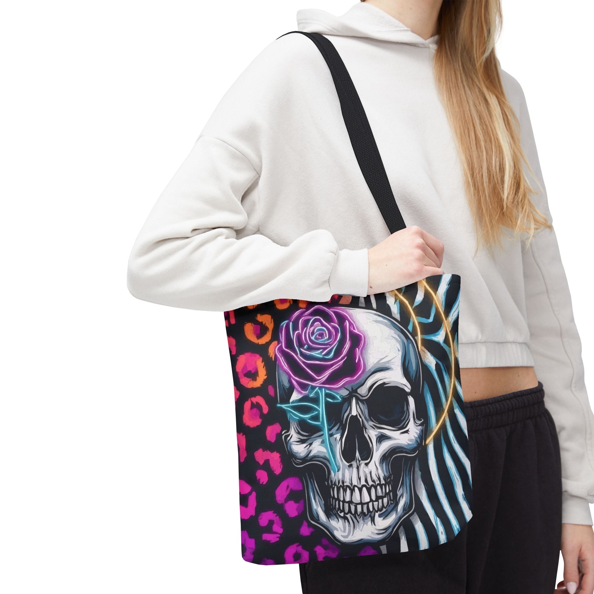 Skull & Rose Pattern Tote Bag — Neon Animal Print All-Over Tote