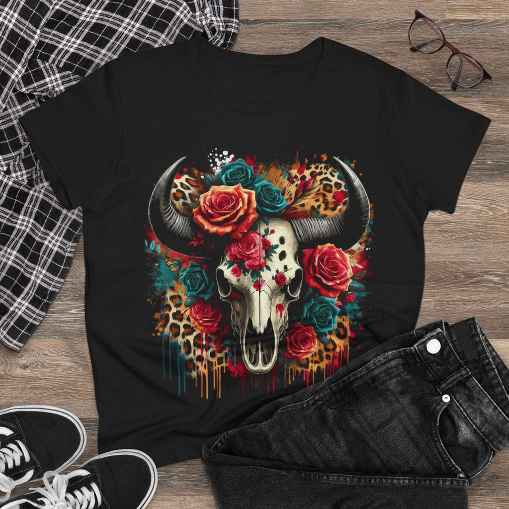 Bull Skull Floral Tee — Western Floral Skull Women's T-Shirt