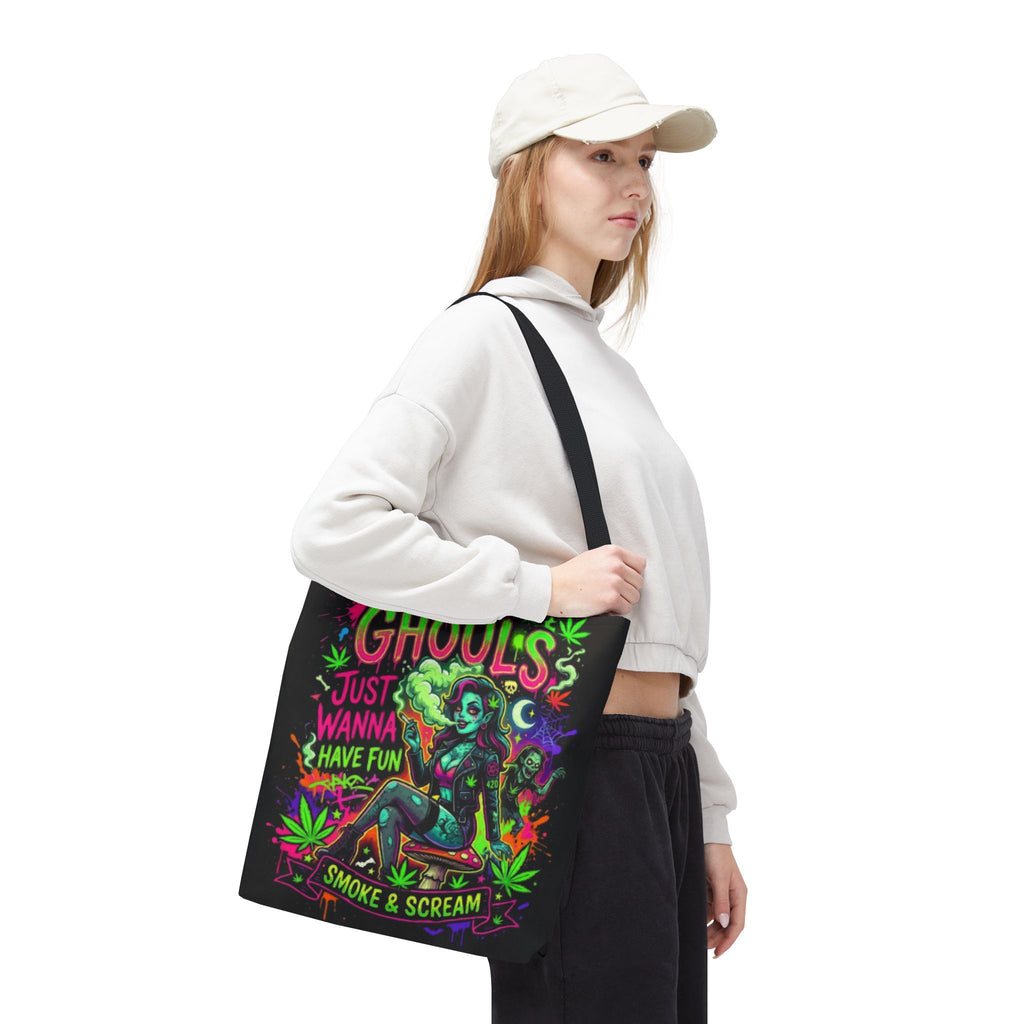 Ghoul's Just Wanna Have Fun Neon Halloween Tote Bag – Spooky Retro Cannabis Art