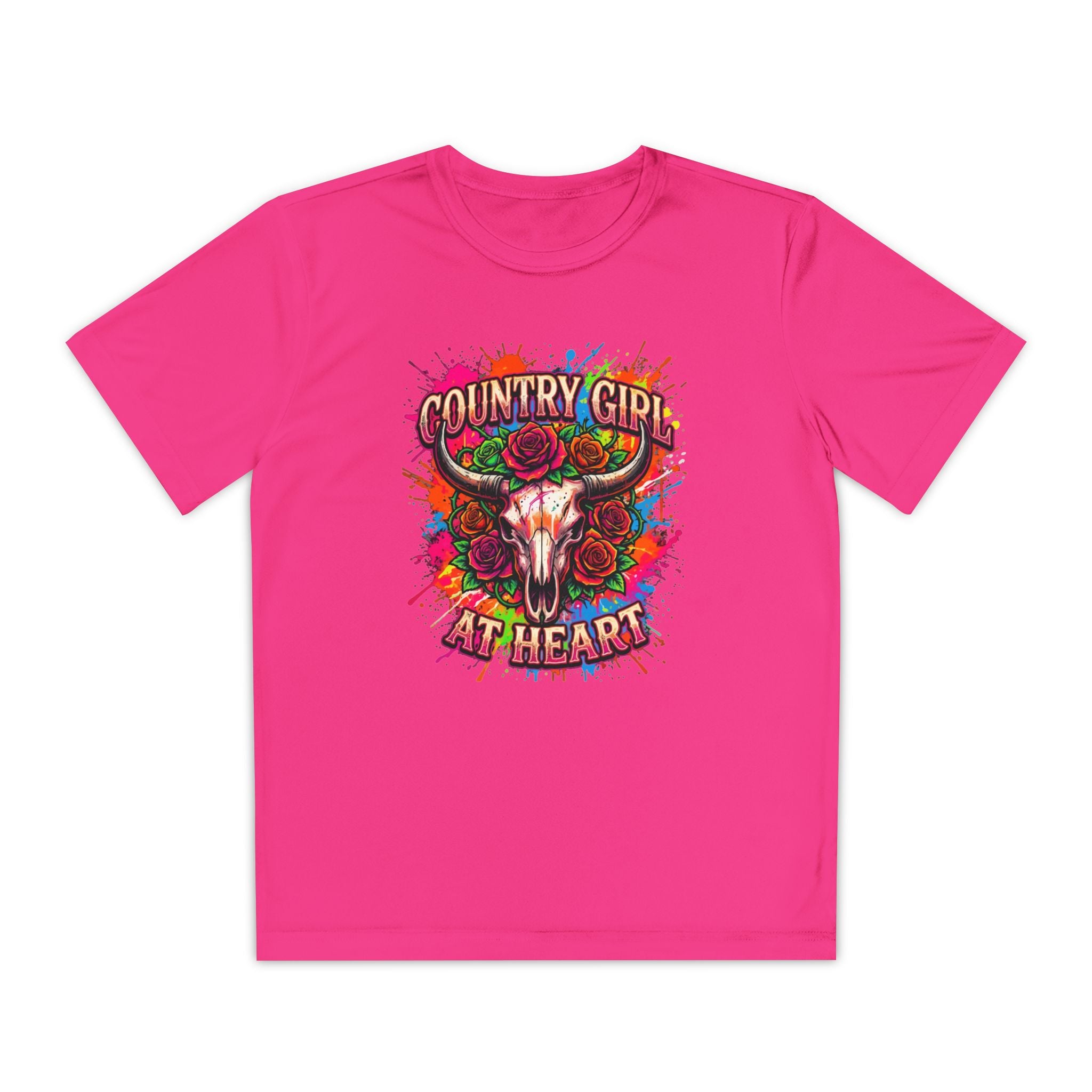 Youth T-Shirt — "Country Girl at Heart" Floral Bull Skull Graphic