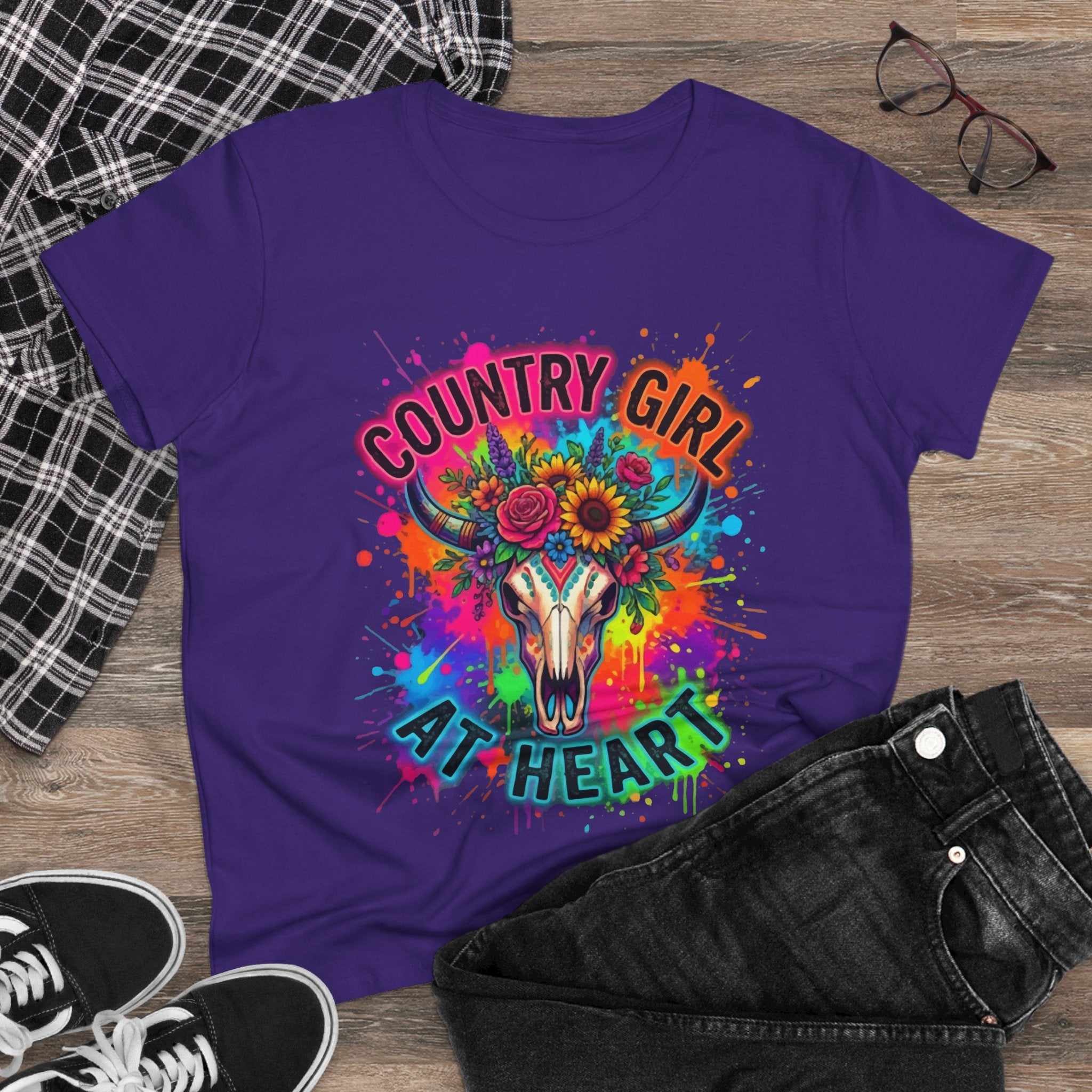 Country Girl At Heart Tee — Colorful Floral Cow Skull Women's T‑Shirt