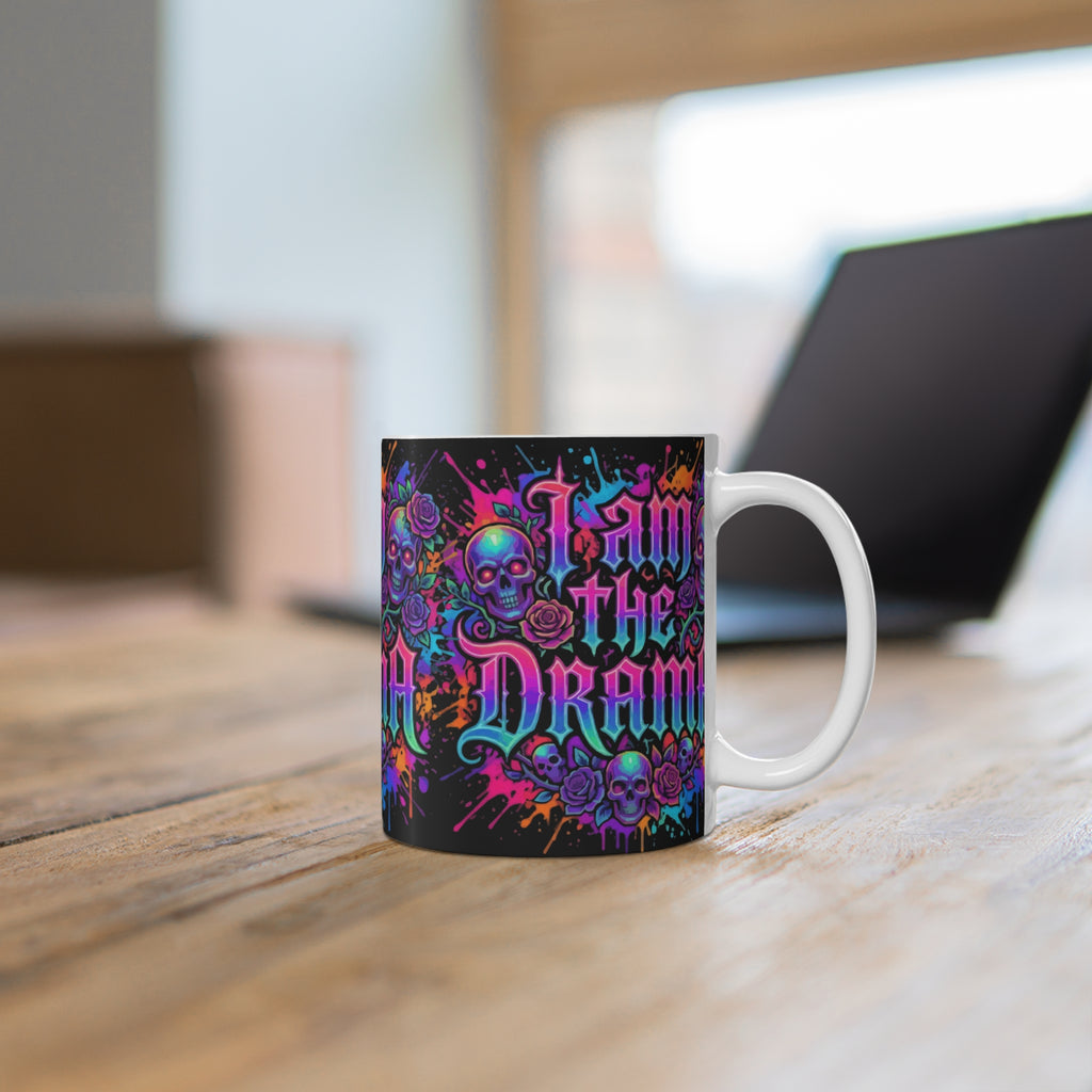 I Am the Drama 11oz Mug — Neon Skull & Roses Gothic Coffee Cup