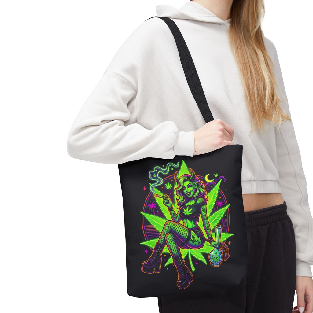 Psychedelic Witch Tote Bag — Neon Cannabis Pinup All-Over Print