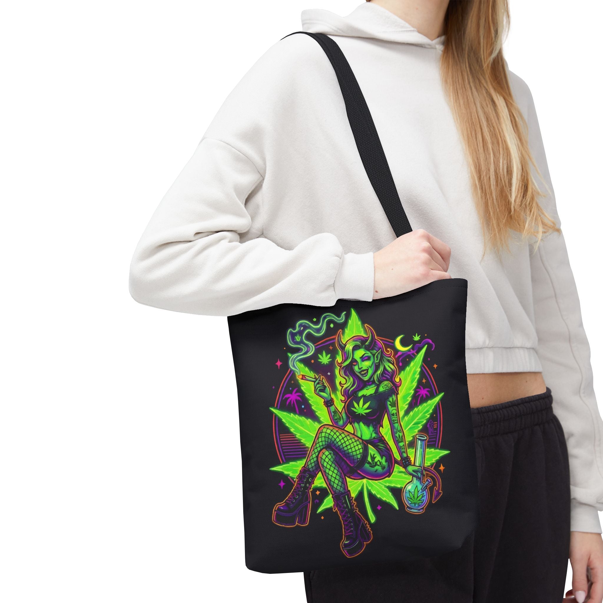 Psychedelic Witch Tote Bag — Neon Cannabis Pinup All-Over Print