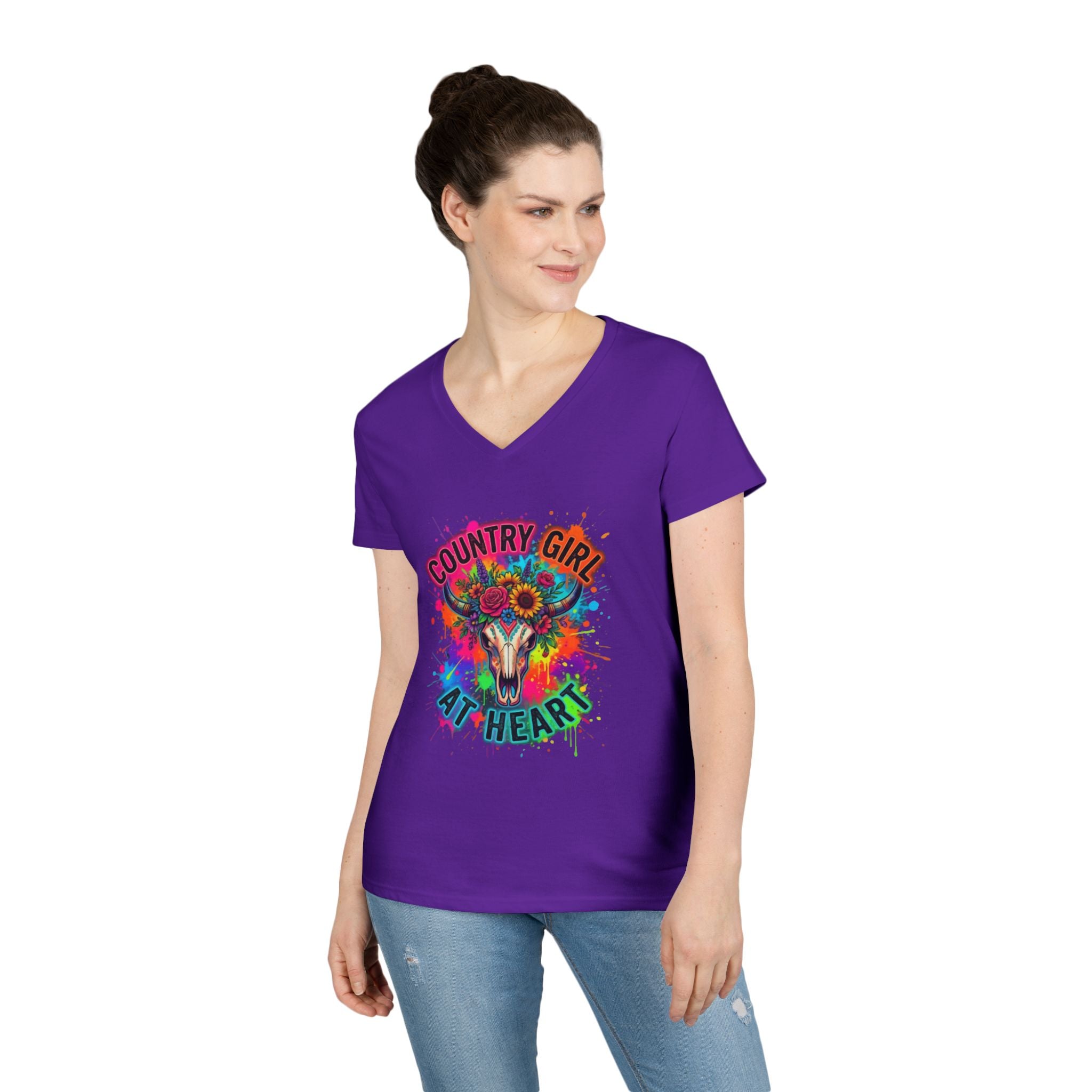 Country Girl At Heart V-Neck Tee — Colorful Skull Floral Women's T-Shirt