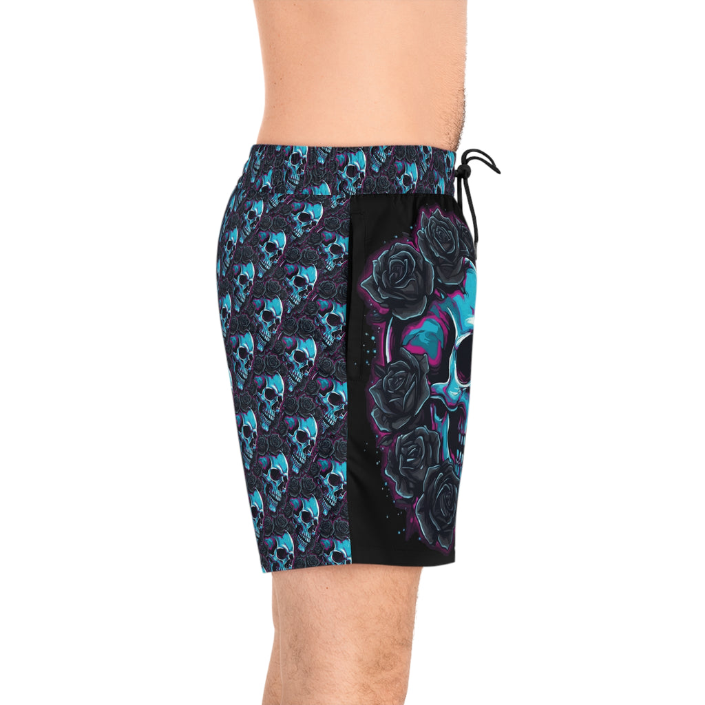 Men's Skull Rose Swim Shorts — Blue Neon Skull All-Over Print Mid-Length Trunks