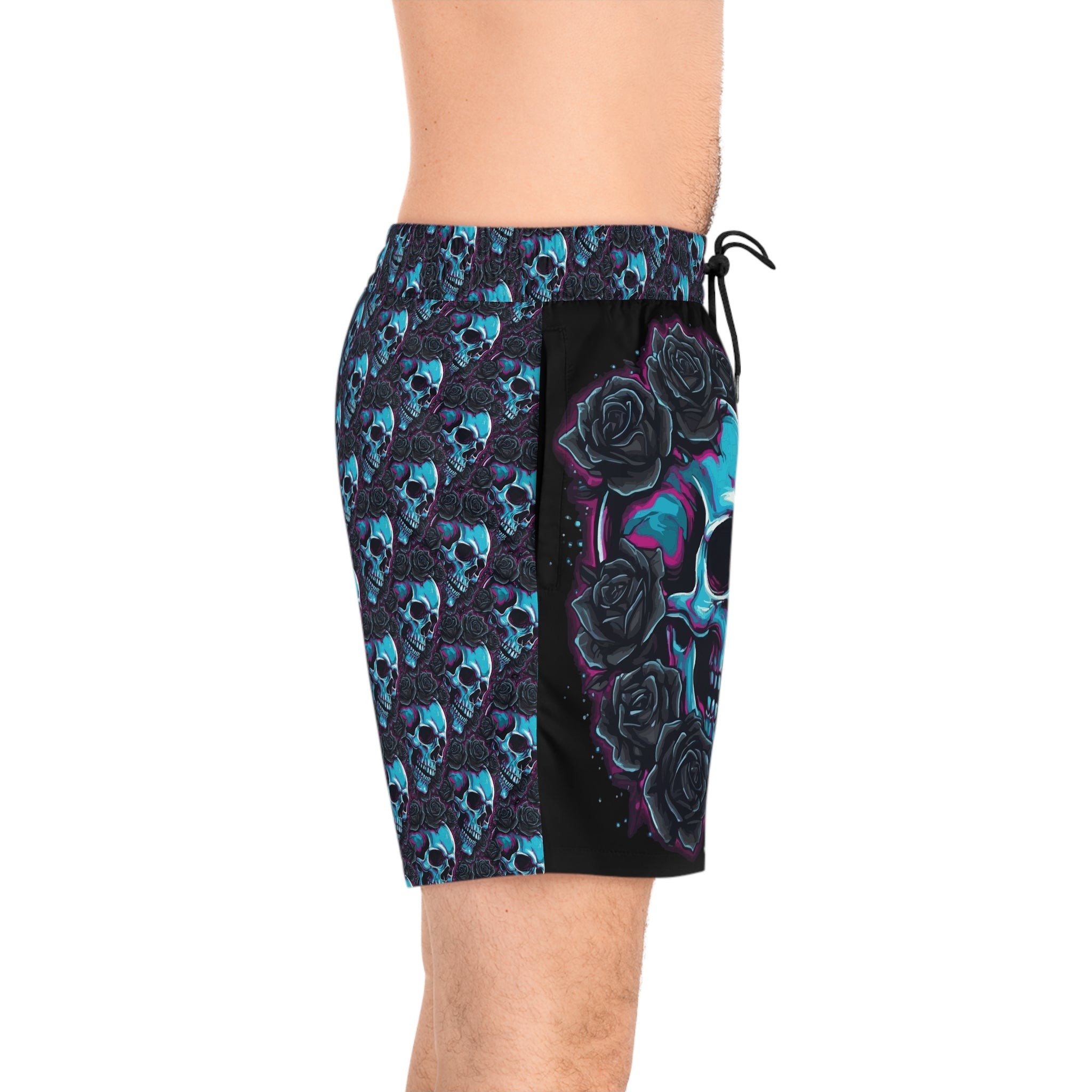 Men's Skull Rose Swim Shorts — Blue Neon Skull All-Over Print Mid-Length Trunks