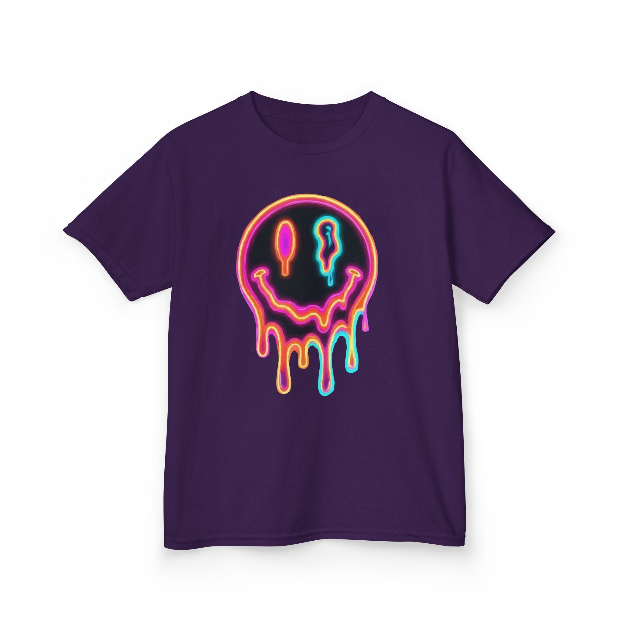 Kids Neon Drip Smiley T-Shirt — Colorful Melting Emoji Tee for Boys & Girls