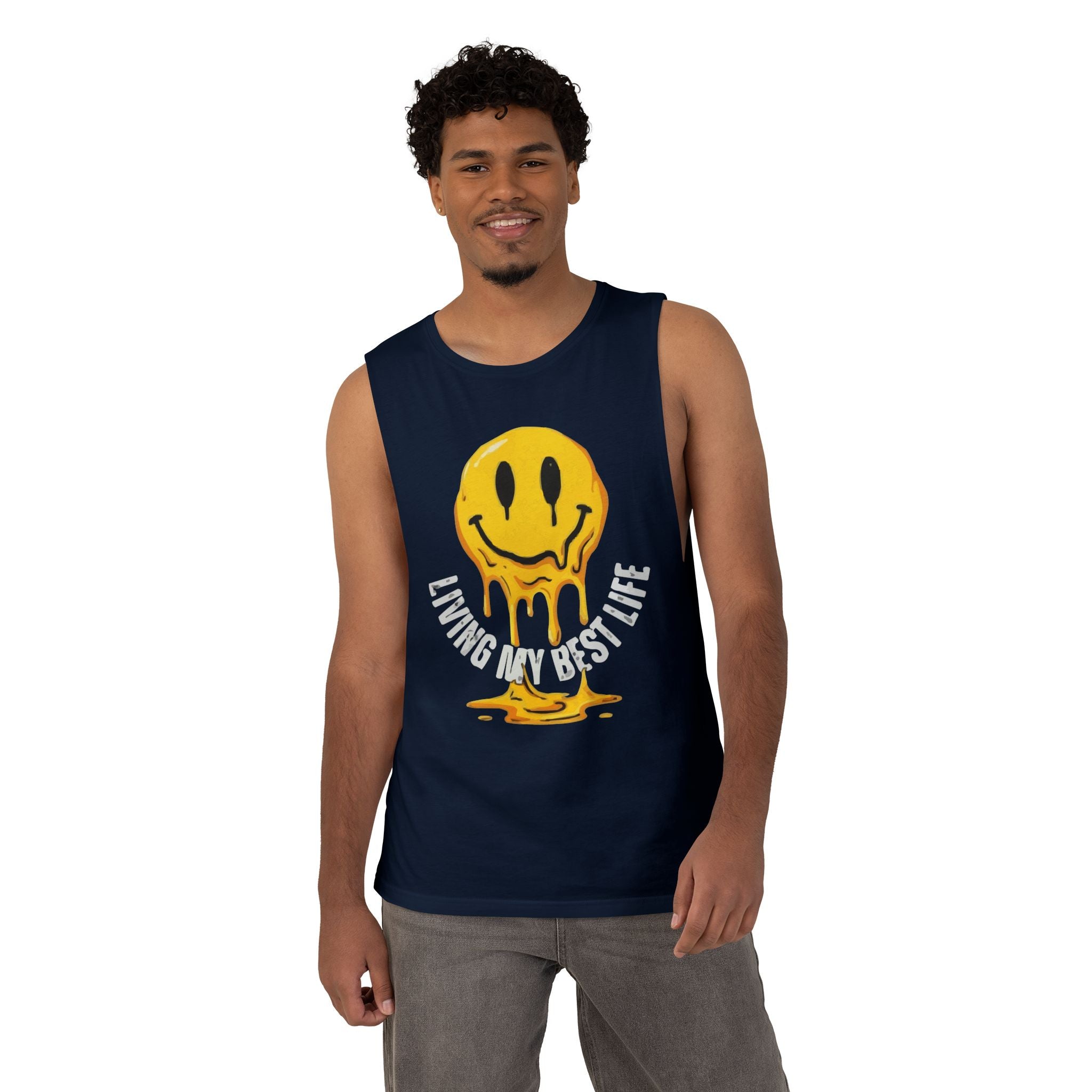 Melting Smile Tank Top — "Living My Best Life" Graphic Muscle Tee