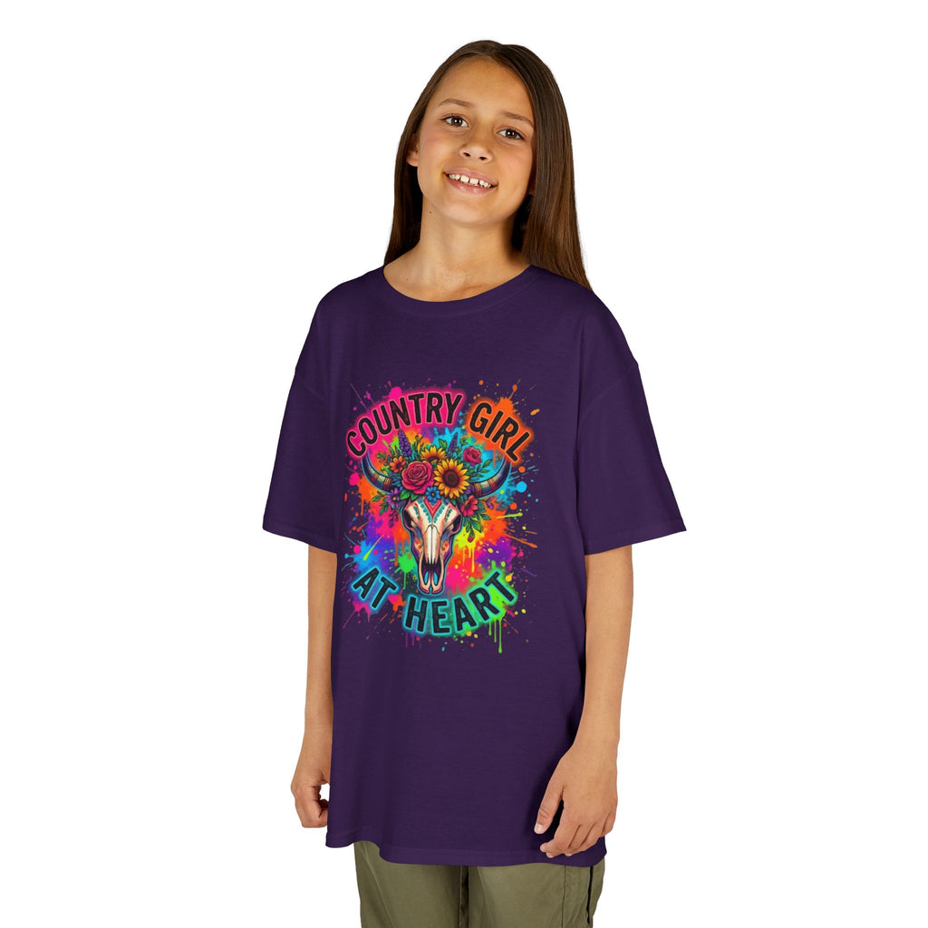 Kids T-Shirt - "Country Girl At Heart" Colorful Skull & Flowers Tee