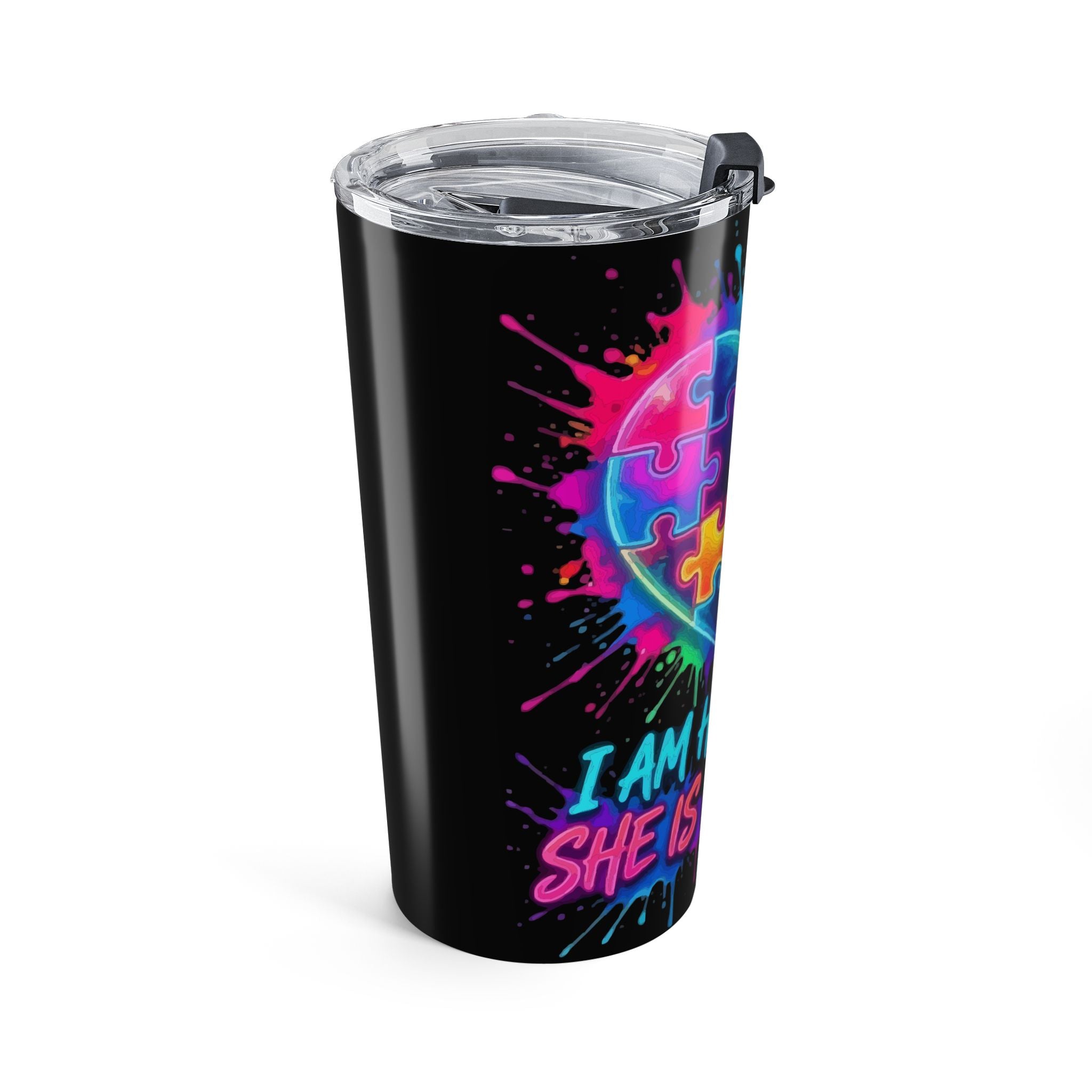 Autism Puzzle Heart 20oz Tumbler - "I Am Her Voice, She Is My Heart" Neon Travel Mug