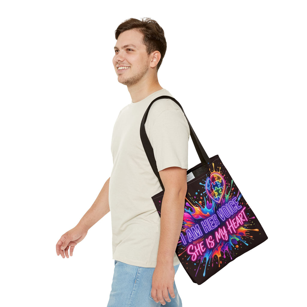 Autism Awareness Tote Bag - "I Am Her Voice, She Is My Heart" Colorful Puzzle Heart Carryall