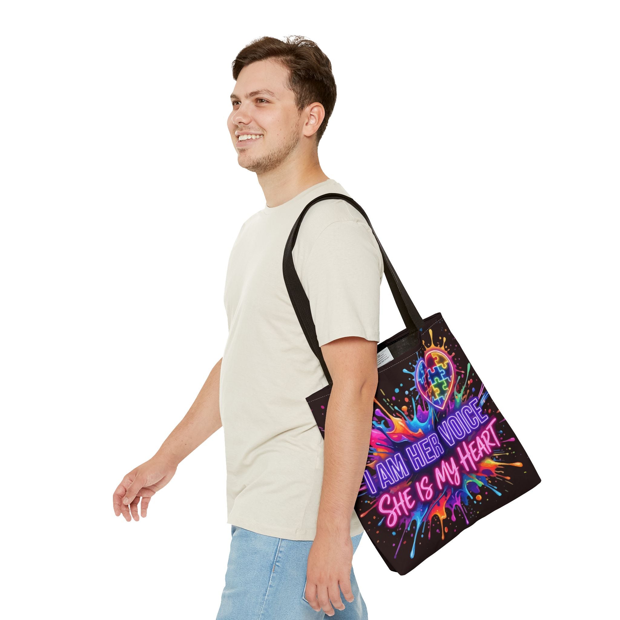 Autism Awareness Tote Bag - "I Am Her Voice, She Is My Heart" Colorful Puzzle Heart Carryall