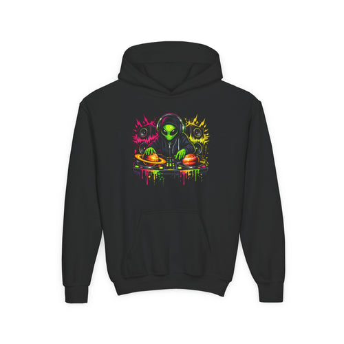 Alien DJ Kids Hoodie – Neon Extraterrestrial Turntable Graphic