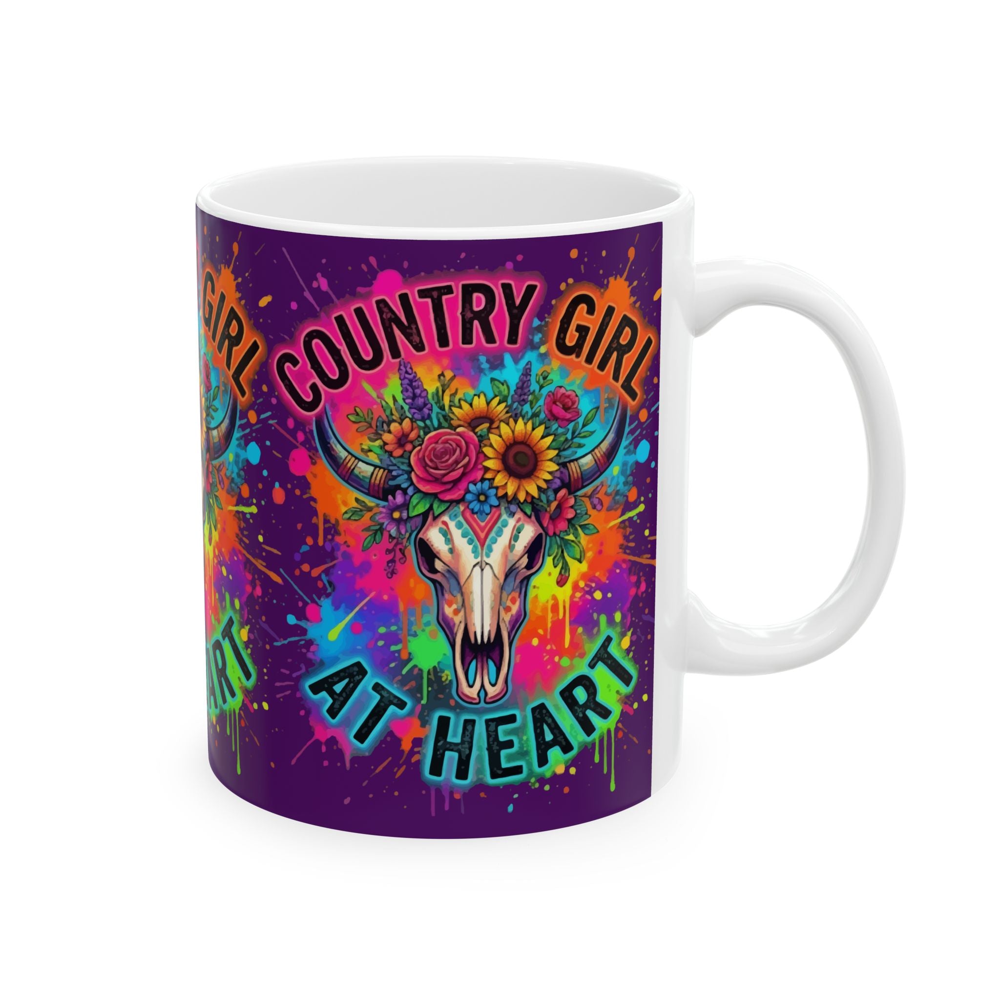 Country Girl At Heart Ceramic Mug — Colorful Floral Cow Skull Coffee Cup (11oz, 15oz)