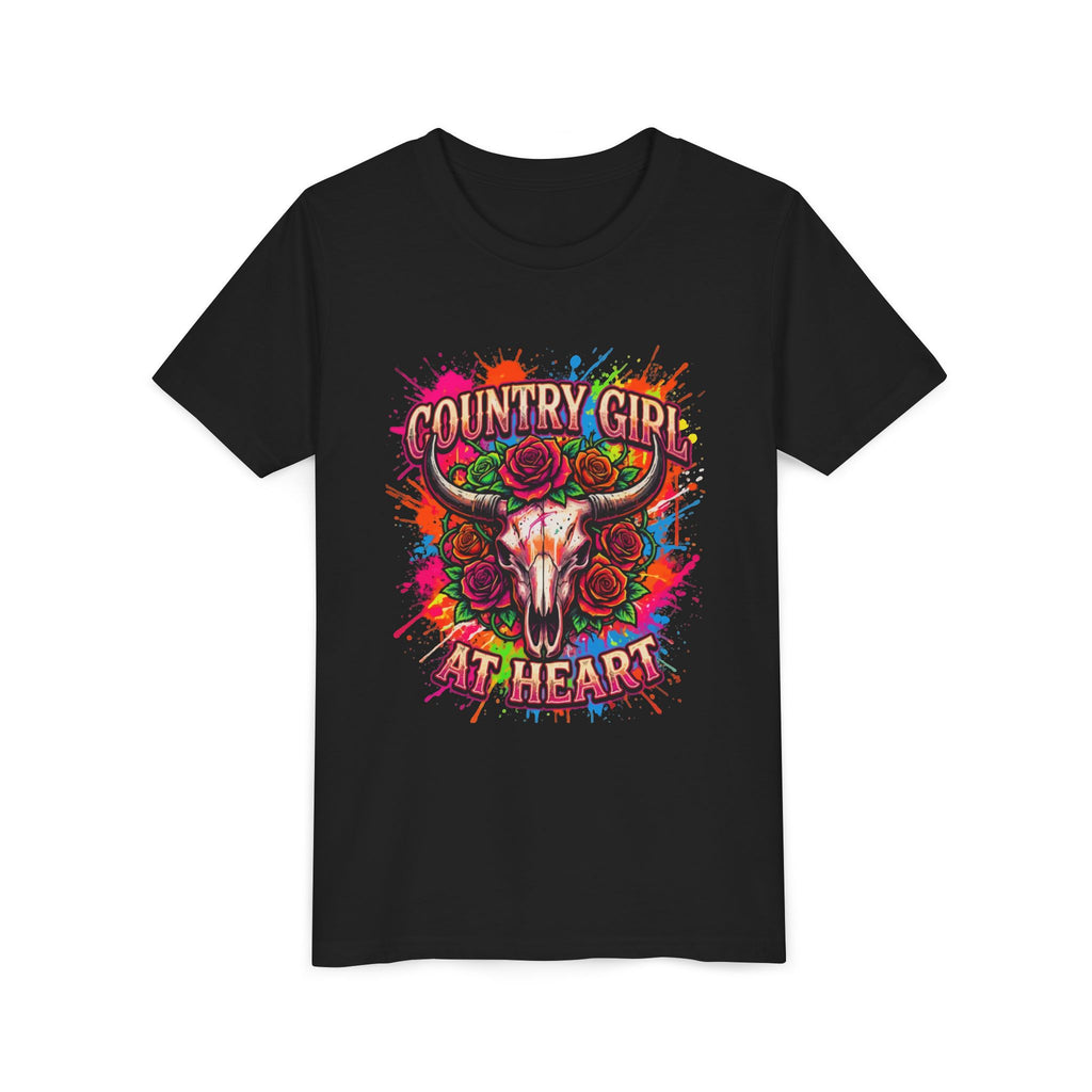 Youth Tee - "Country Girl at Heart" Colorful Bull Skull Graphic