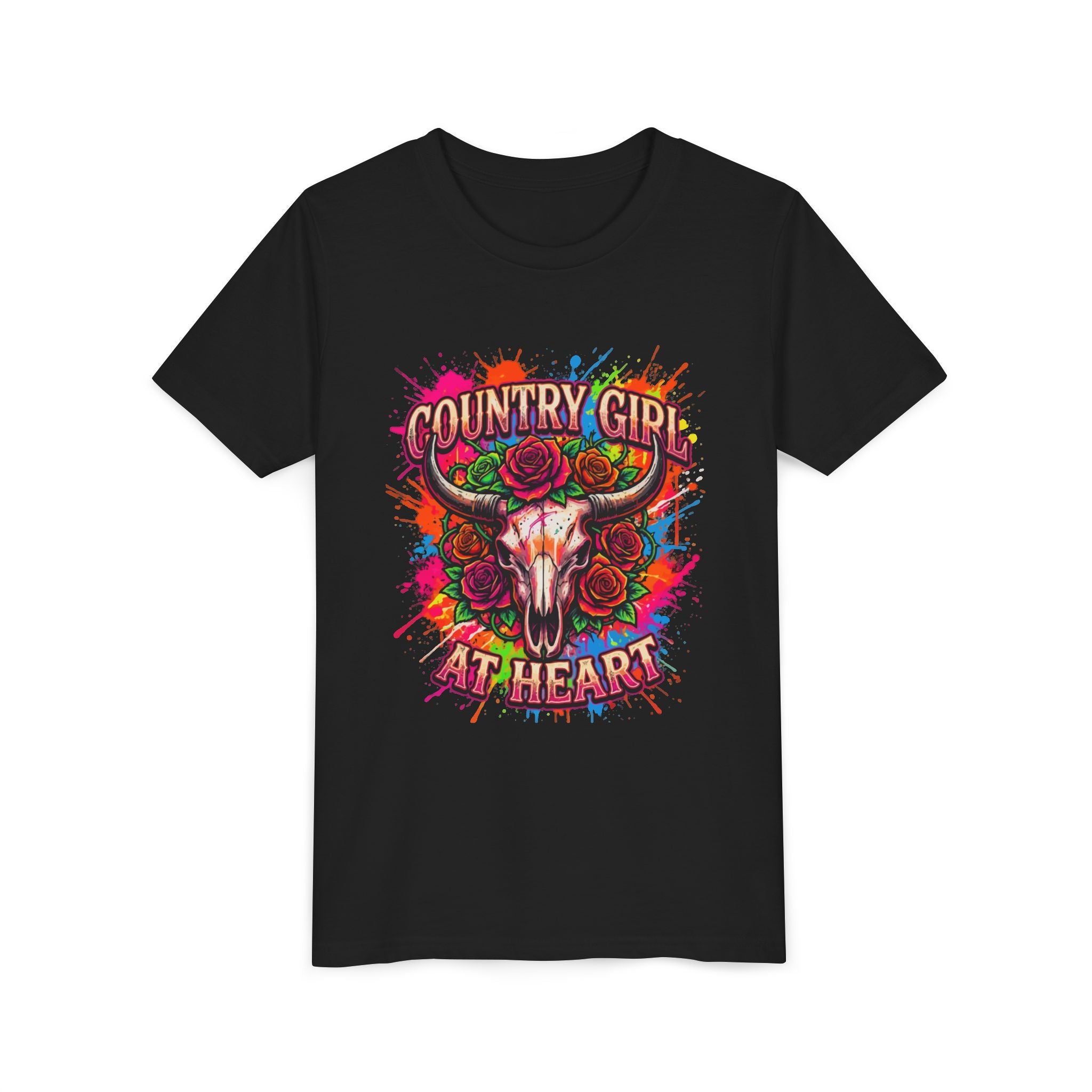 Youth Tee - "Country Girl at Heart" Colorful Bull Skull Graphic