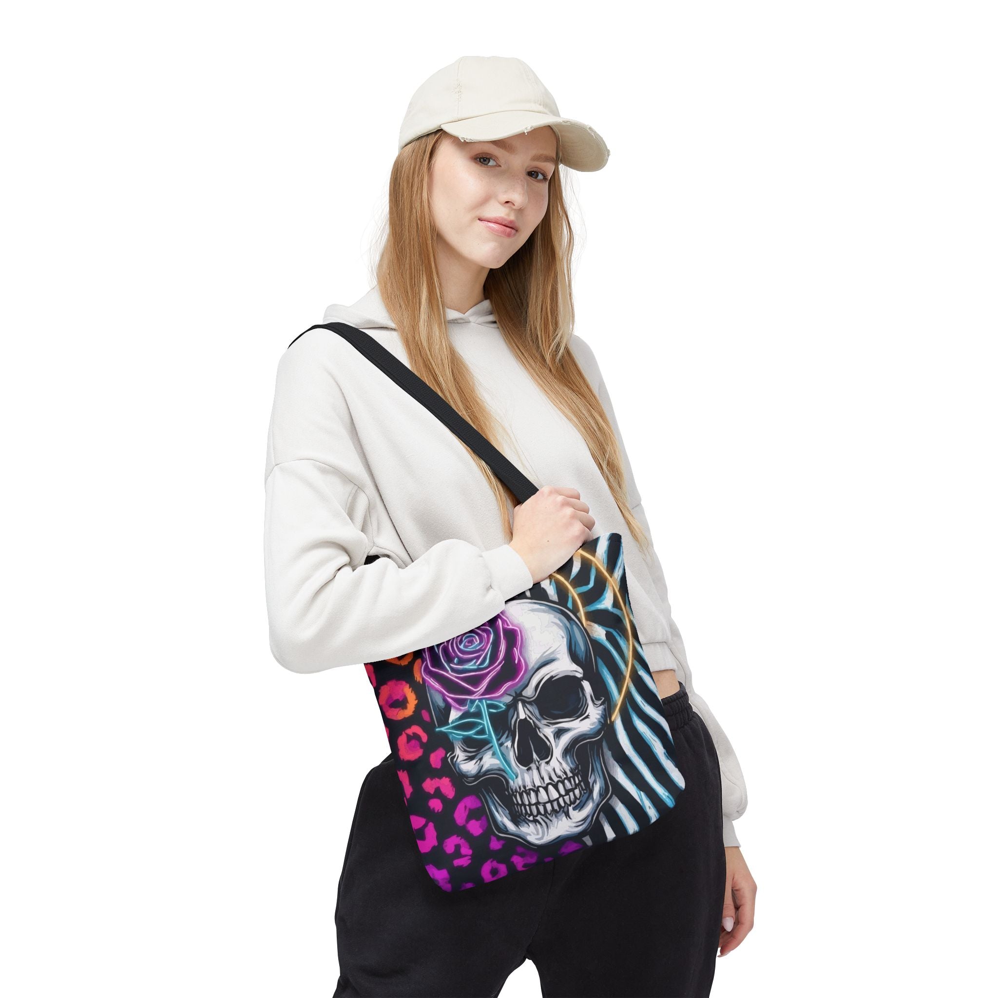 Skull & Rose Pattern Tote Bag — Neon Animal Print All-Over Tote
