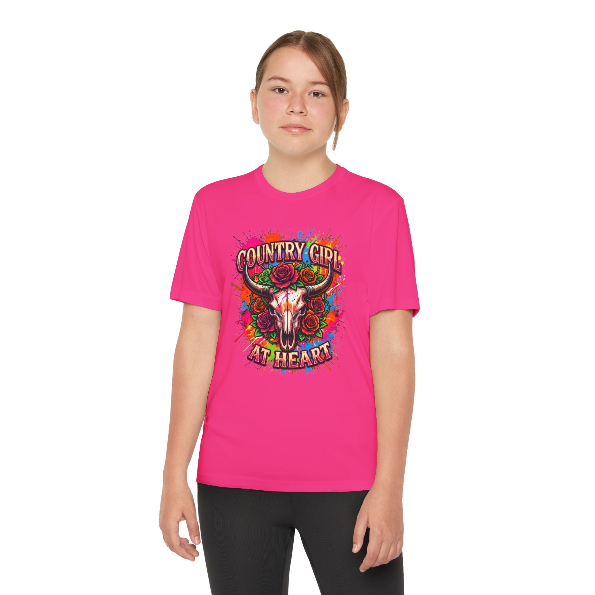 Youth T-Shirt — "Country Girl at Heart" Floral Bull Skull Graphic